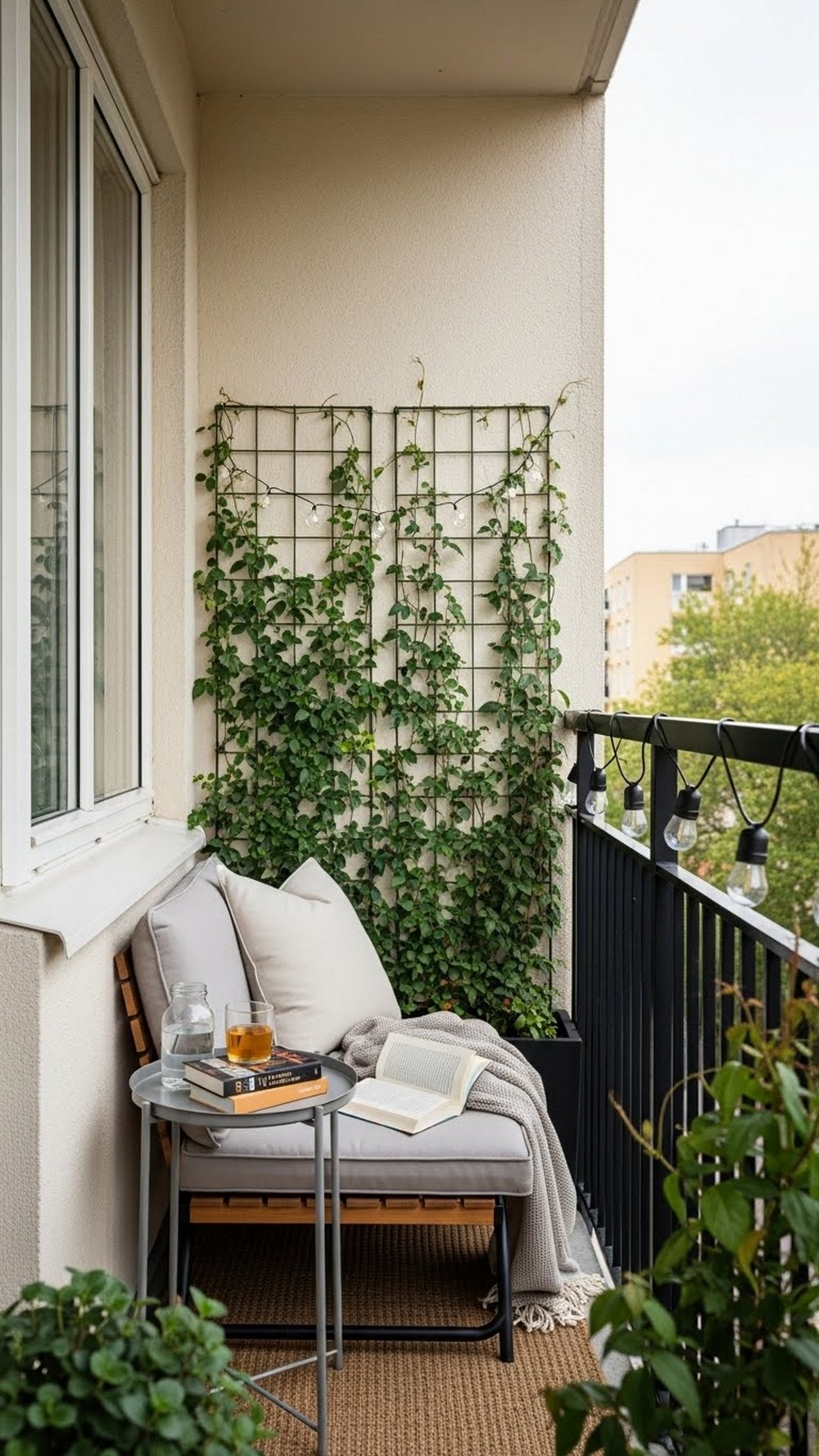 Balcony Reading Corner With Rail Trellis