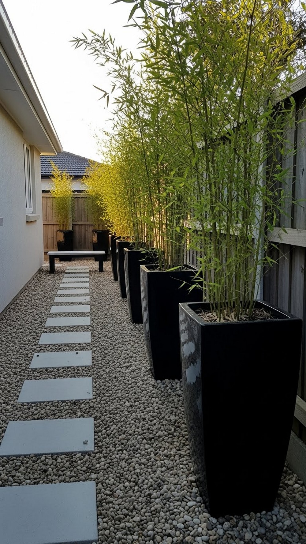 Bamboo-Lined Pebble Walk With Tall Planters