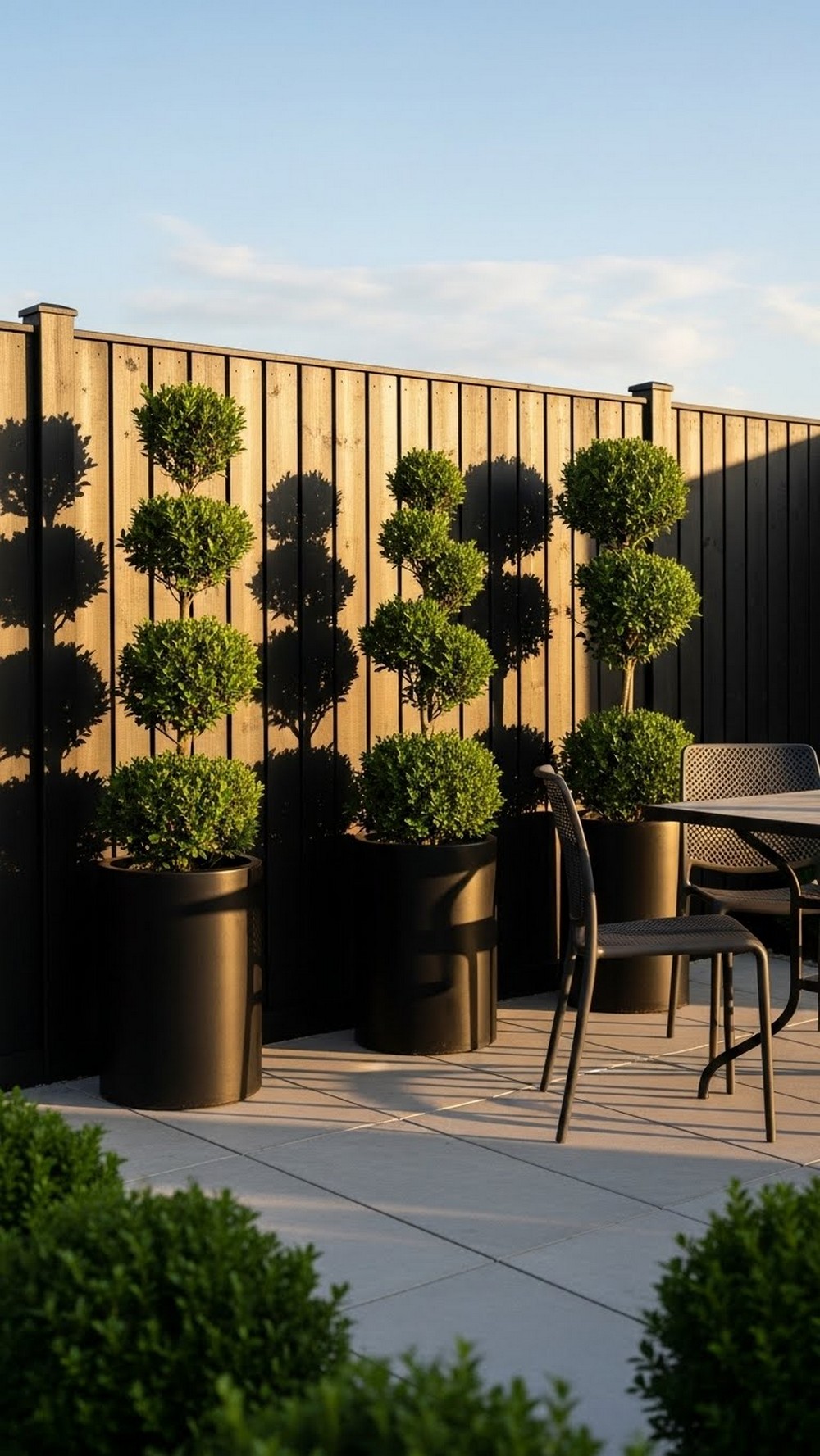 Black Fence With Sculptural Topiary Trio