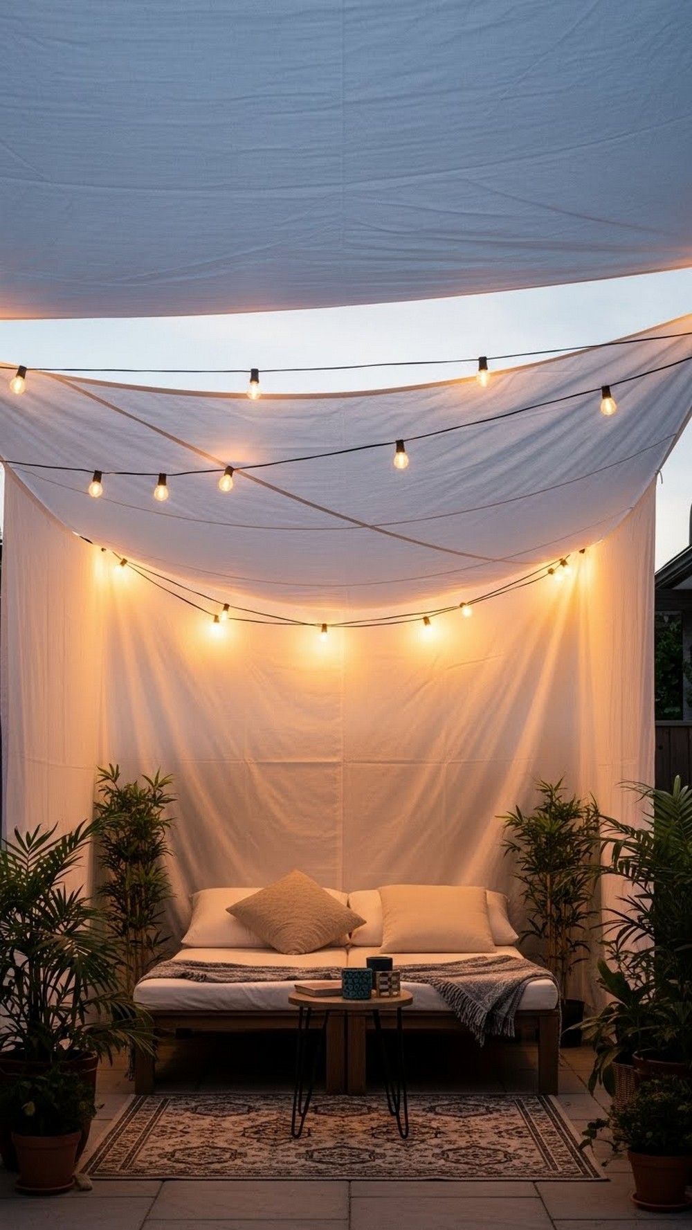 Combine String Lights With Outdoor Fabric Canopies