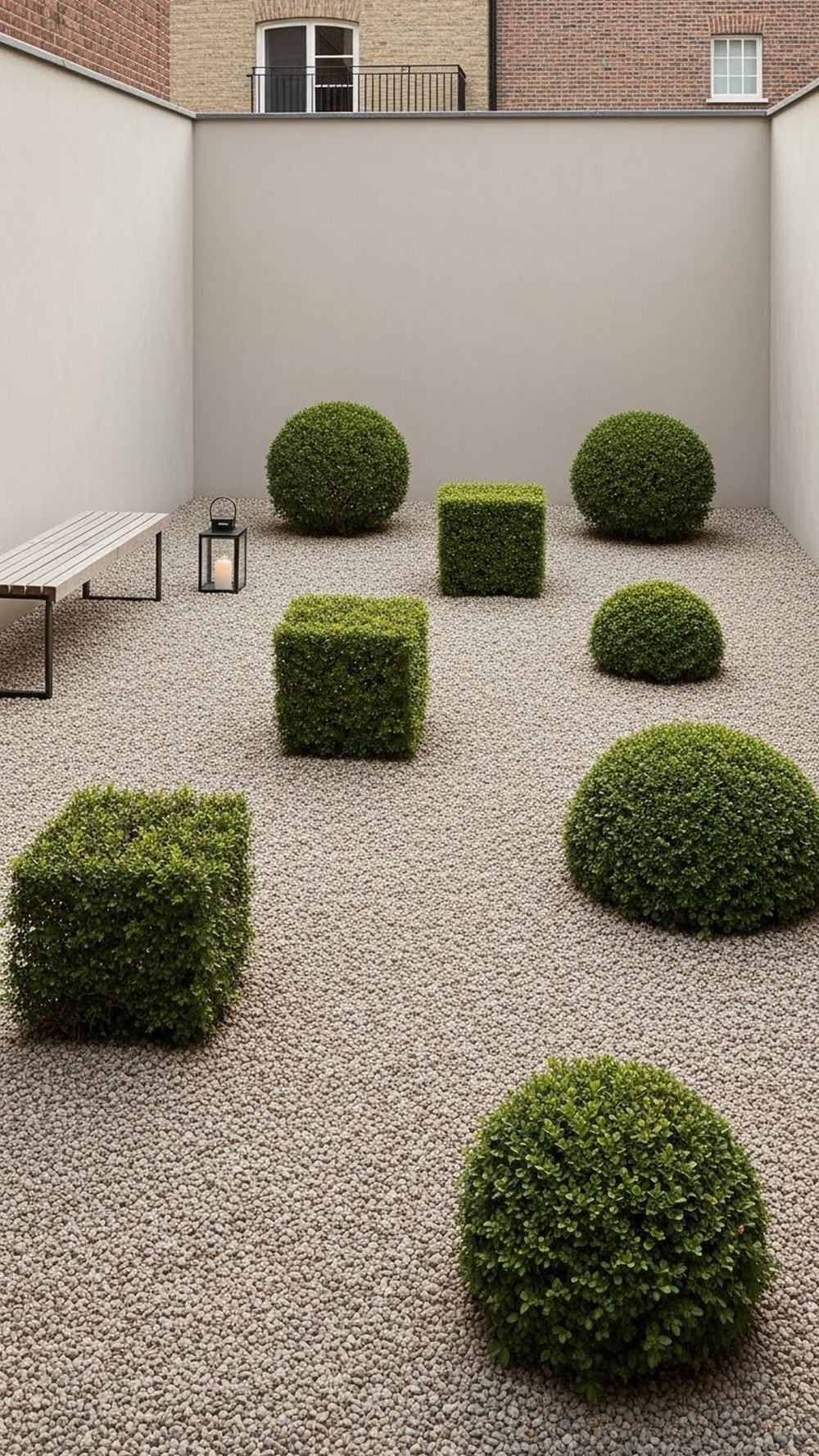 Courtyard Gravel Carpet With Sculpted Shrubs