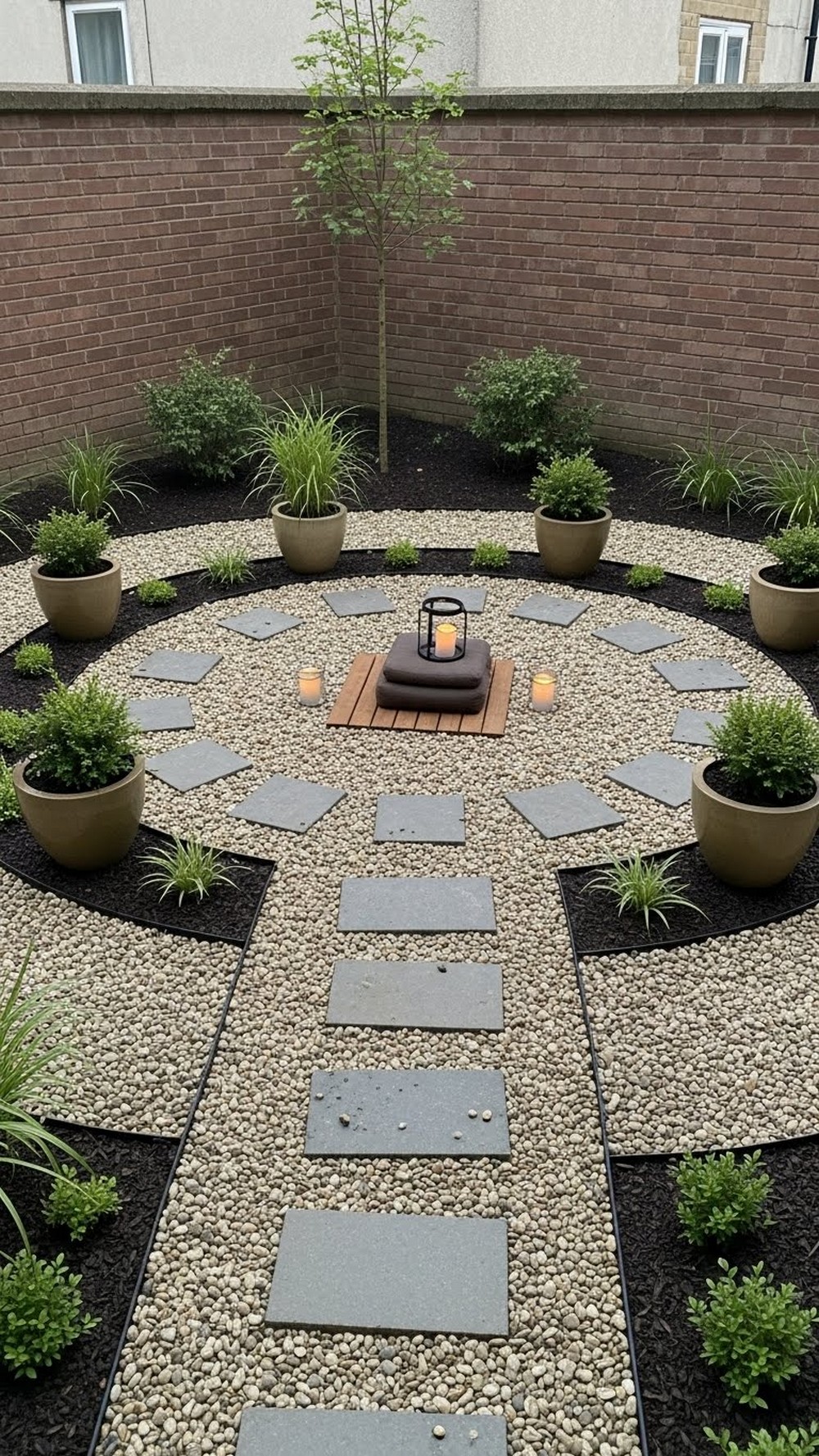 Courtyard Pebble Loop With Meditation Stool And Pots