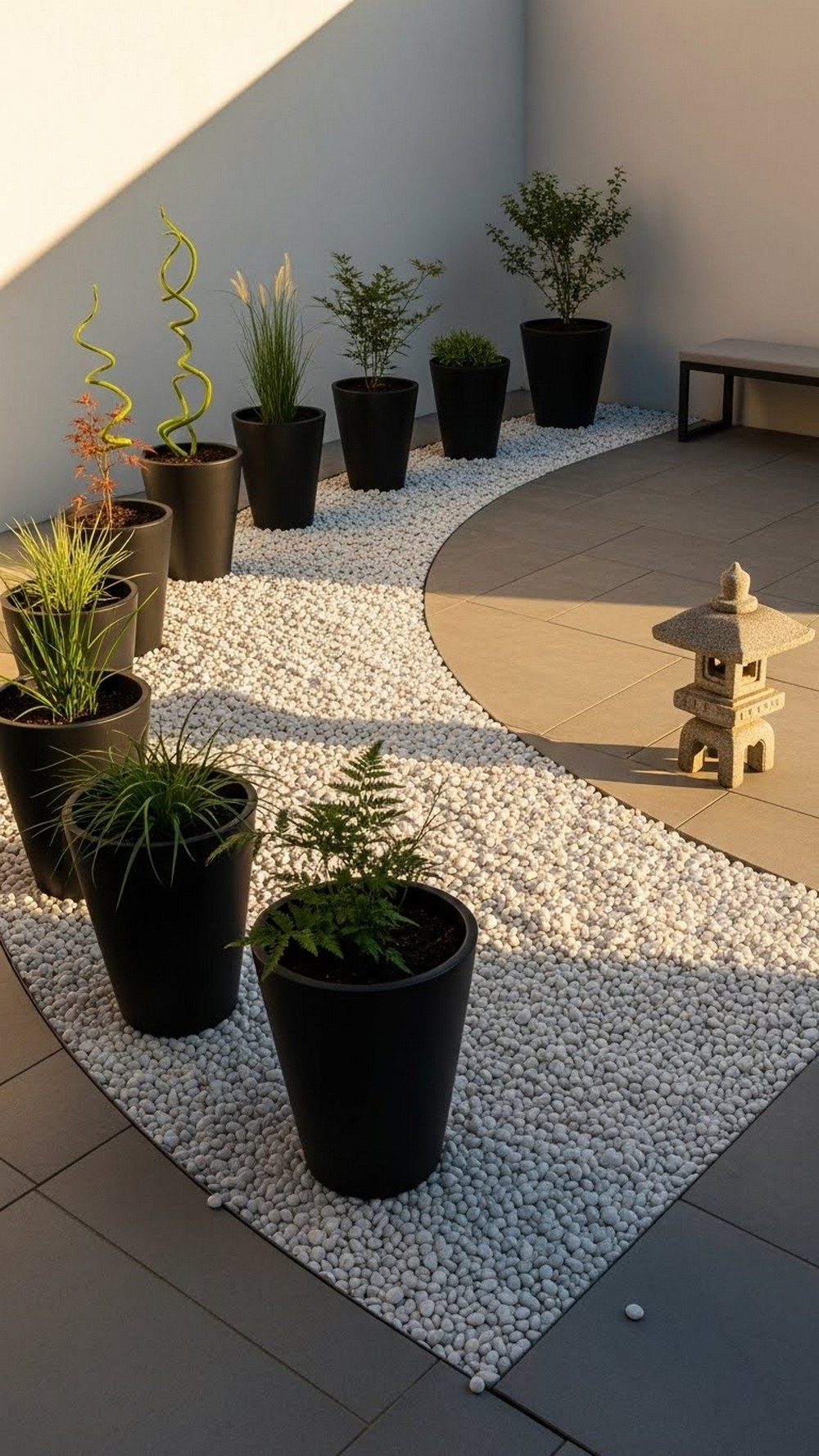Curved White Pebble Path With Black Planters