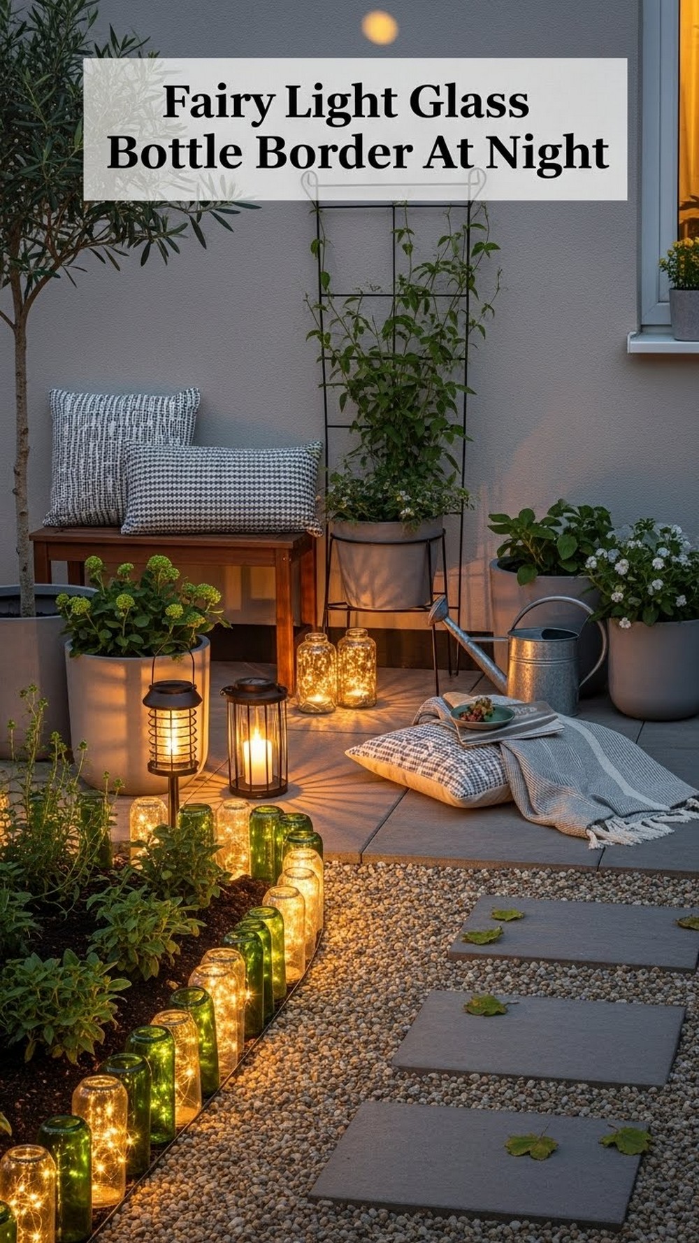 Fairy Light Glass Bottle Border At Night