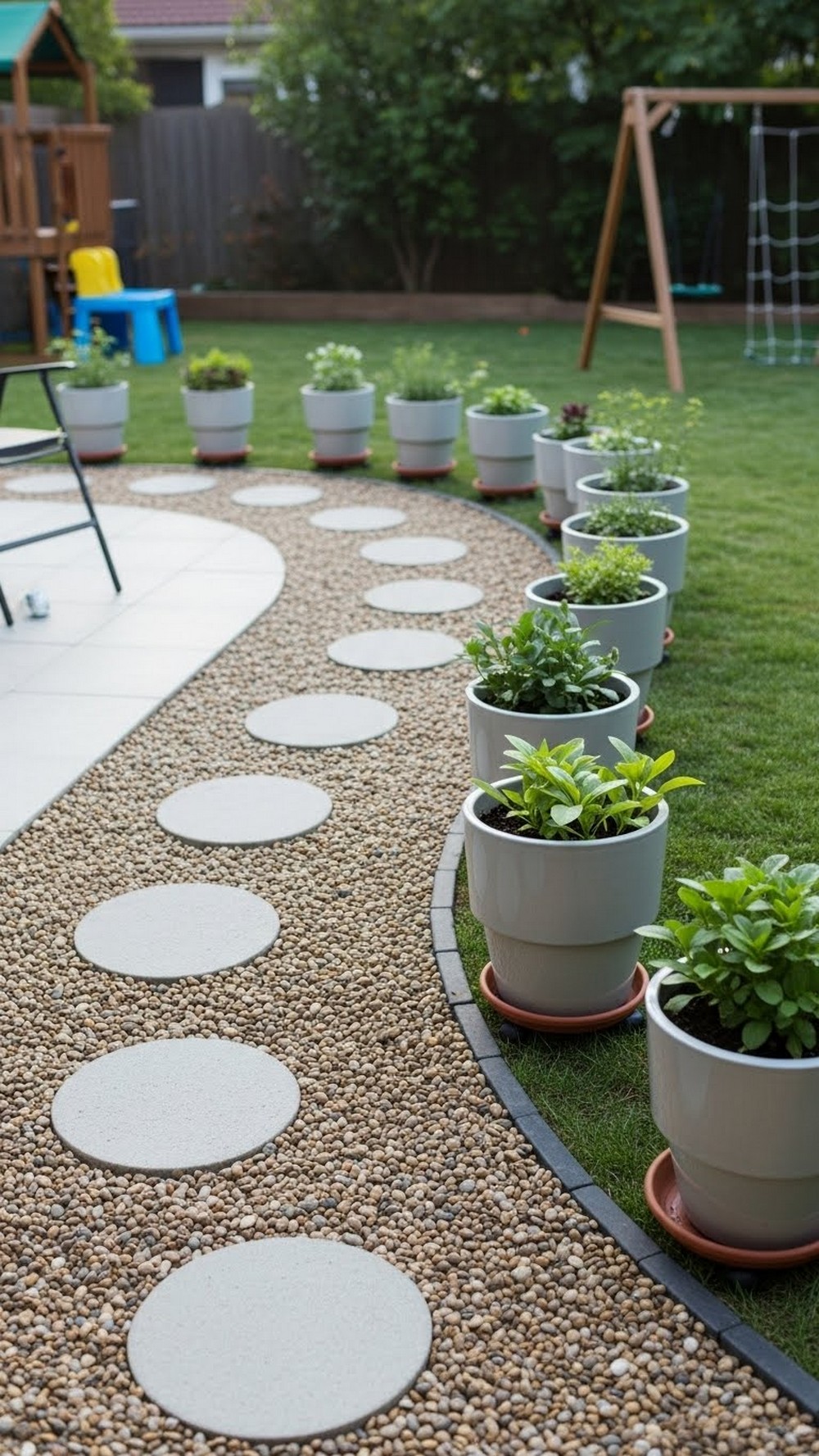 Family-Friendly Pebble Path With Movable Pots