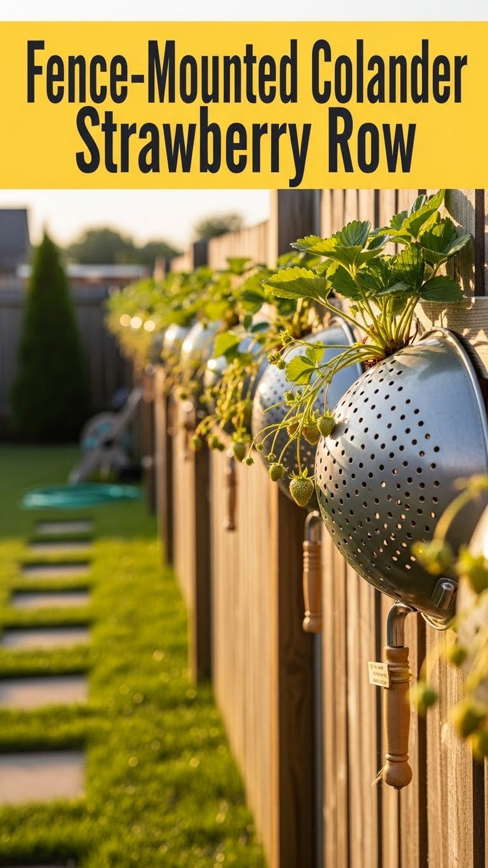 Fence-Mounted Colander Strawberry Row