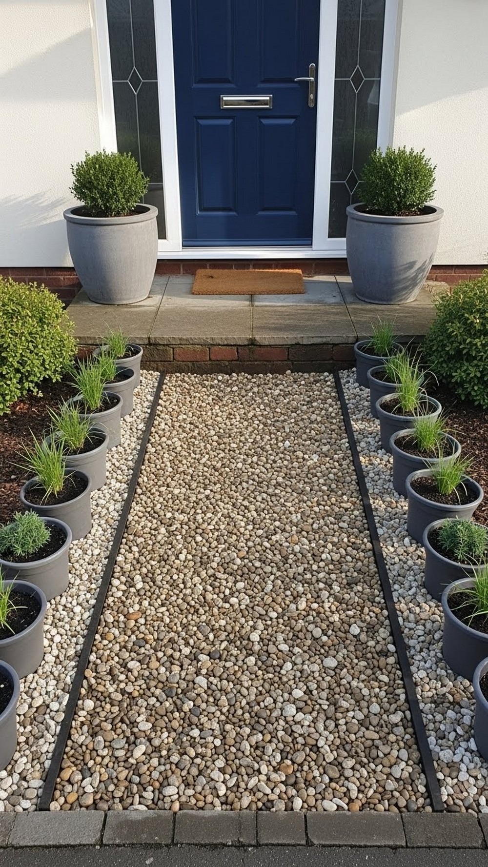 Front Door Pebble Welcome With Symmetry Pots