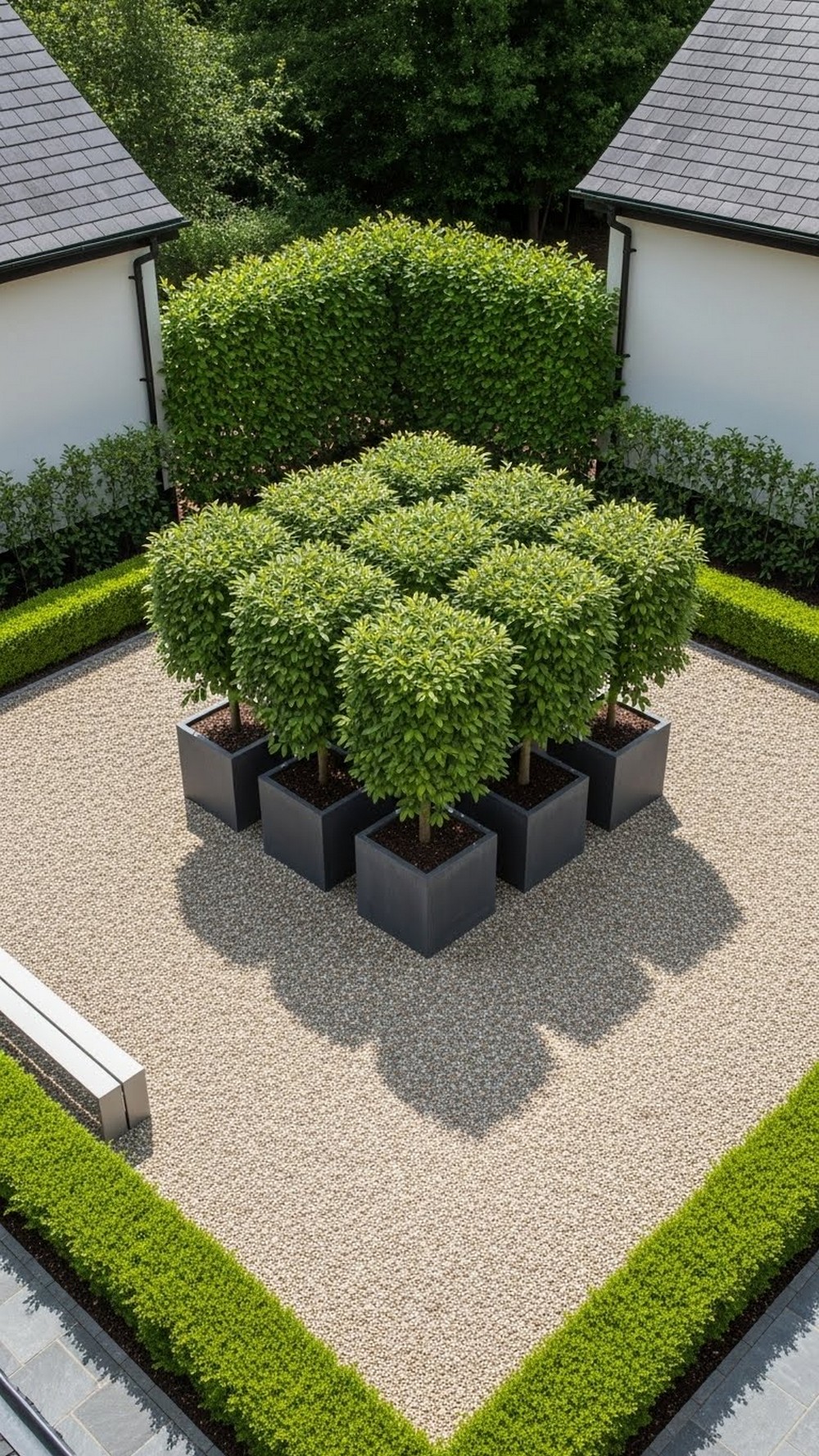 Gravel Courtyard With Central Shrub Cube Planters