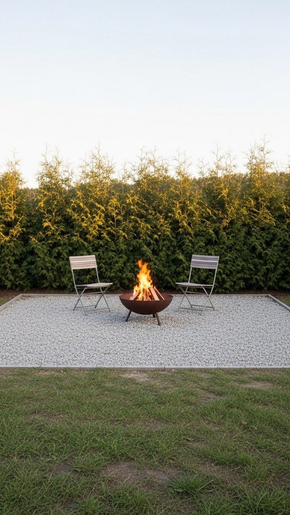 Gravel Fire Bowl Pad With Evergreen Backdrop