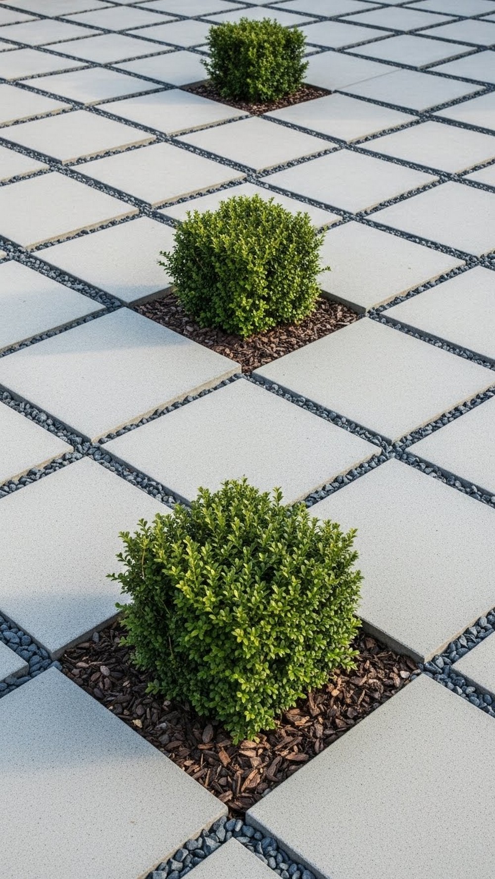 Gravel Grid Between Pavers With Shrub Cubes