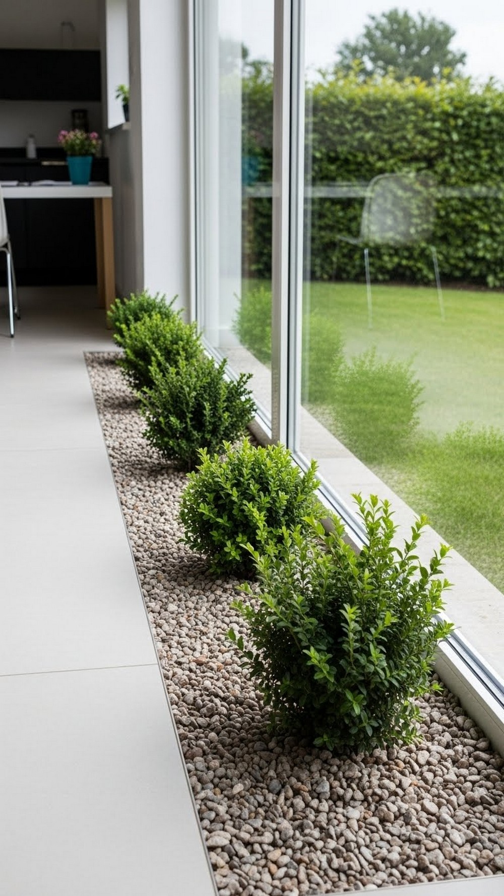 Gravel Window View Strip With Compact Shrubs