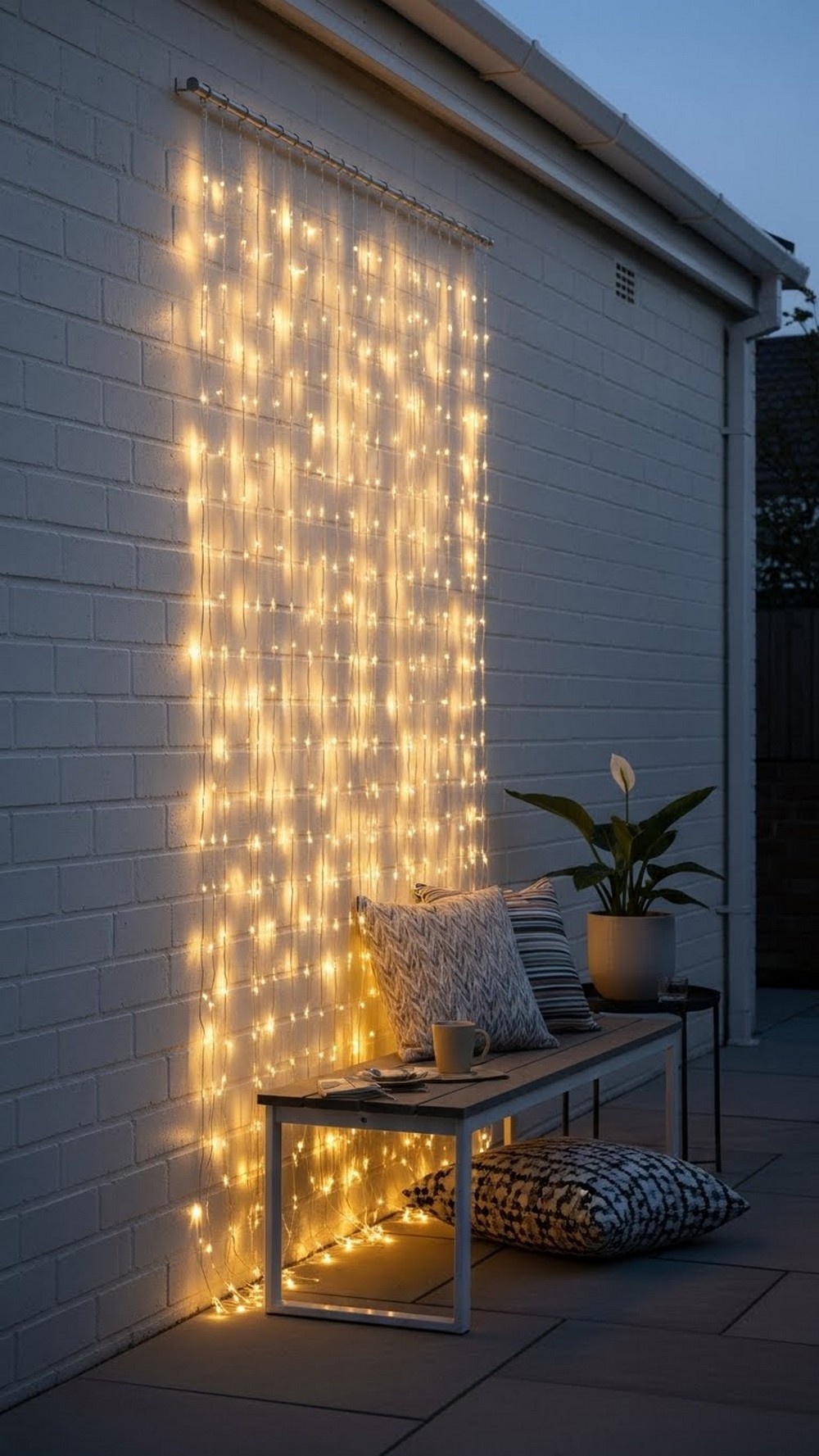 Hang Warm Curtain Lights Against A Patio Wall