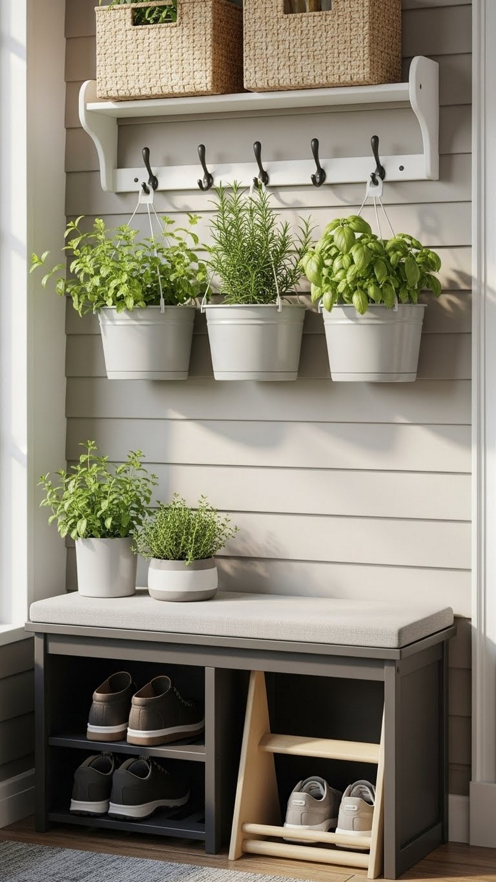 Hanging Herb Garden Over Shoe Bench