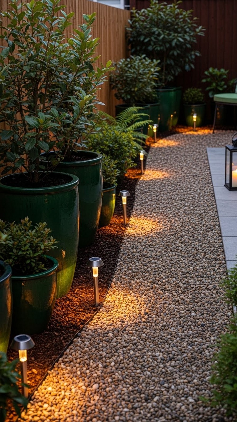 Lantern-Lit Pebble Path With Deep Green Pots