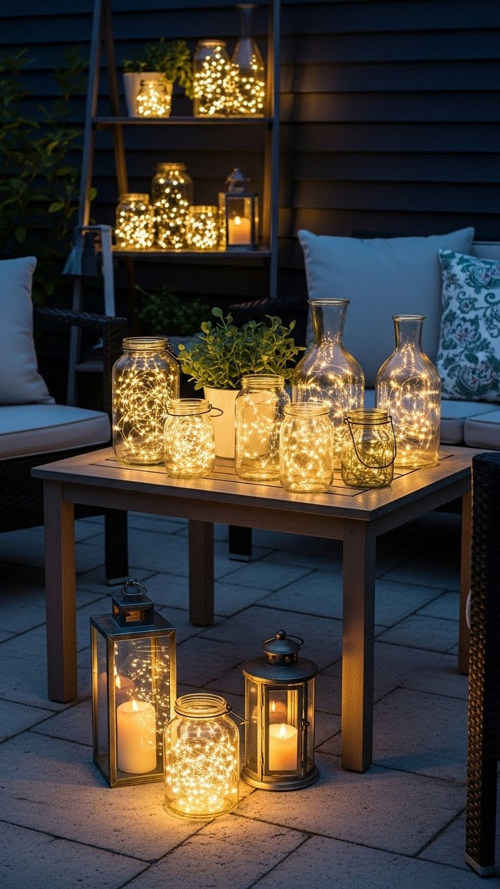 Layer Fairy Lights In Glass Jars And Lanterns