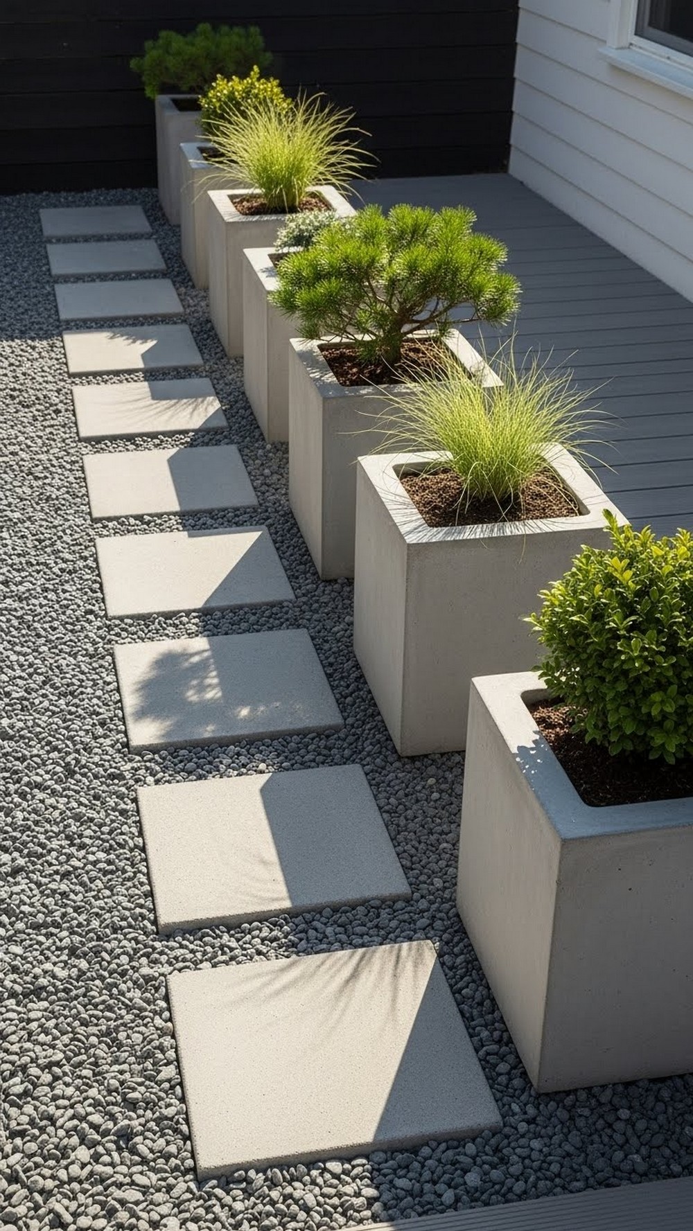 Minimalist Grey Pebble Path With Concrete Cubes
