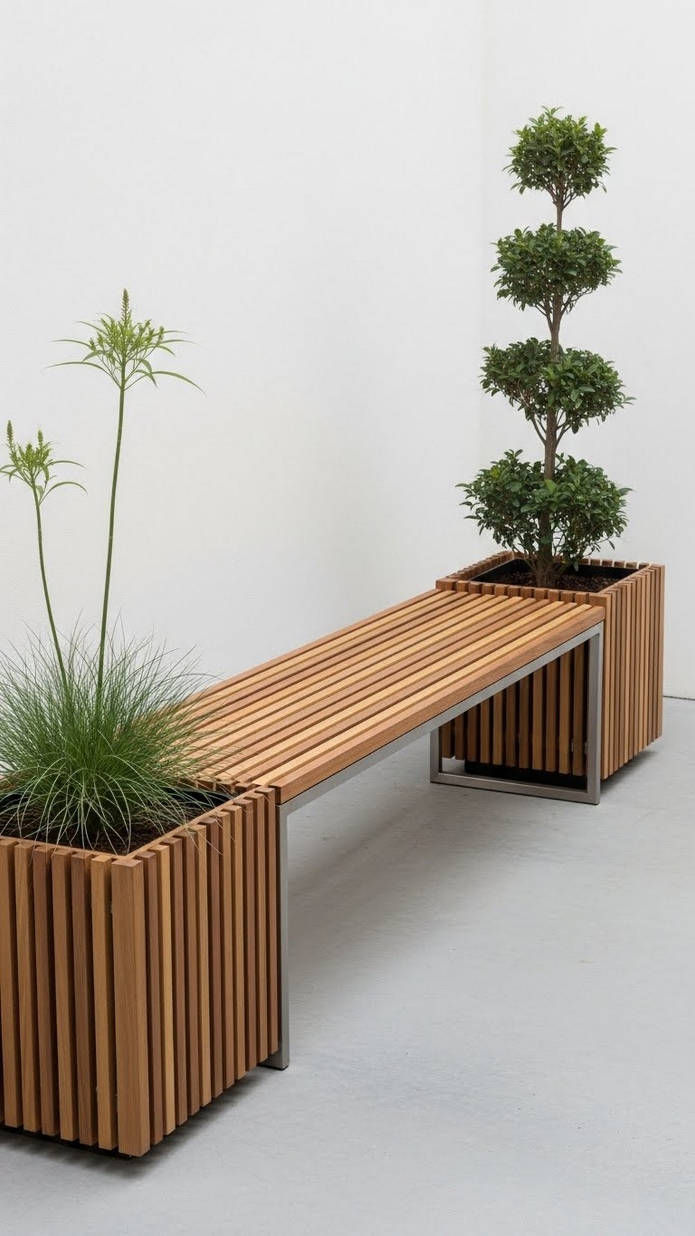 Minimalist Slatted Bench With Cube Planters