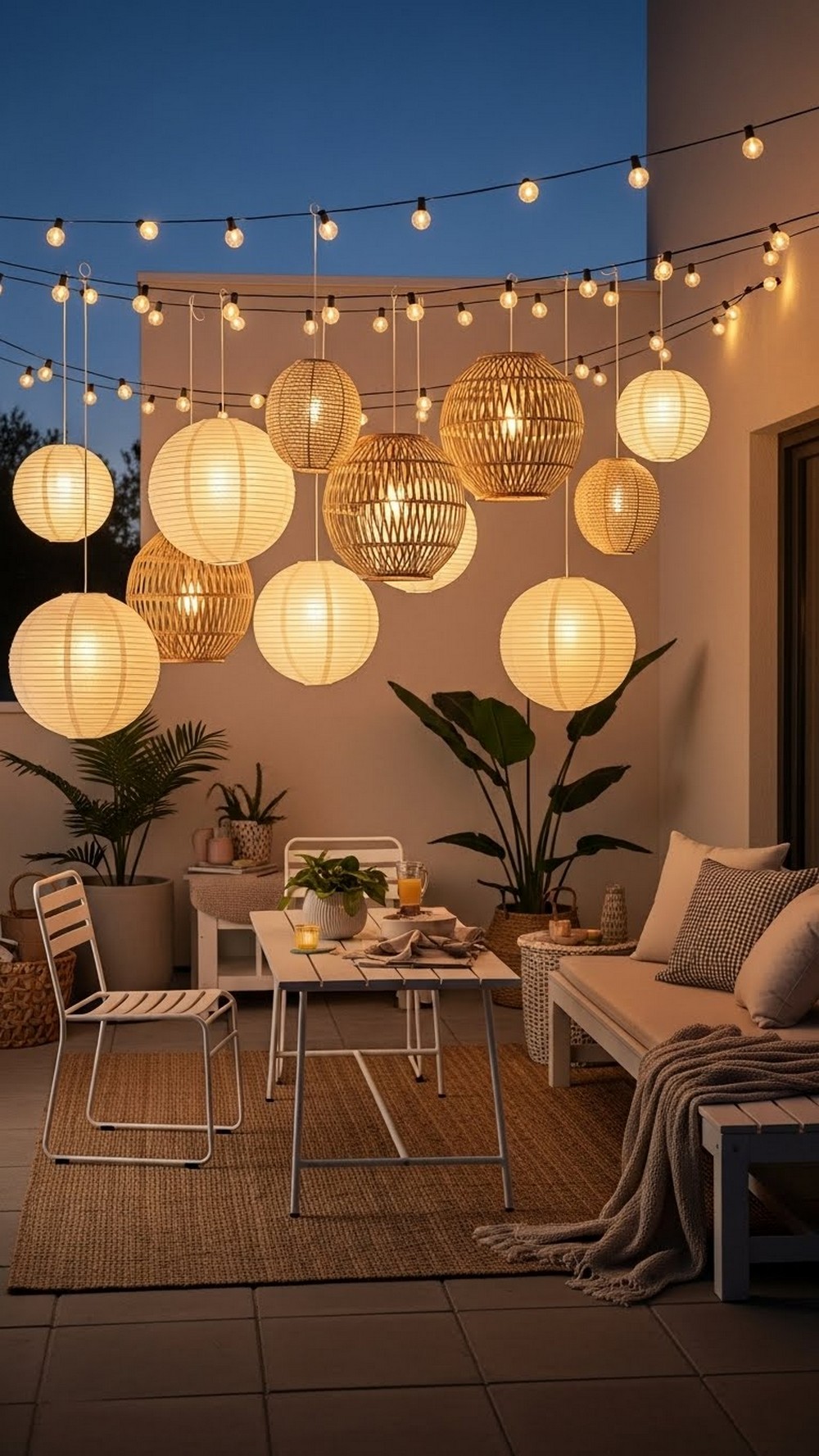 Mix String Lights With Paper Or Rattan Lanterns