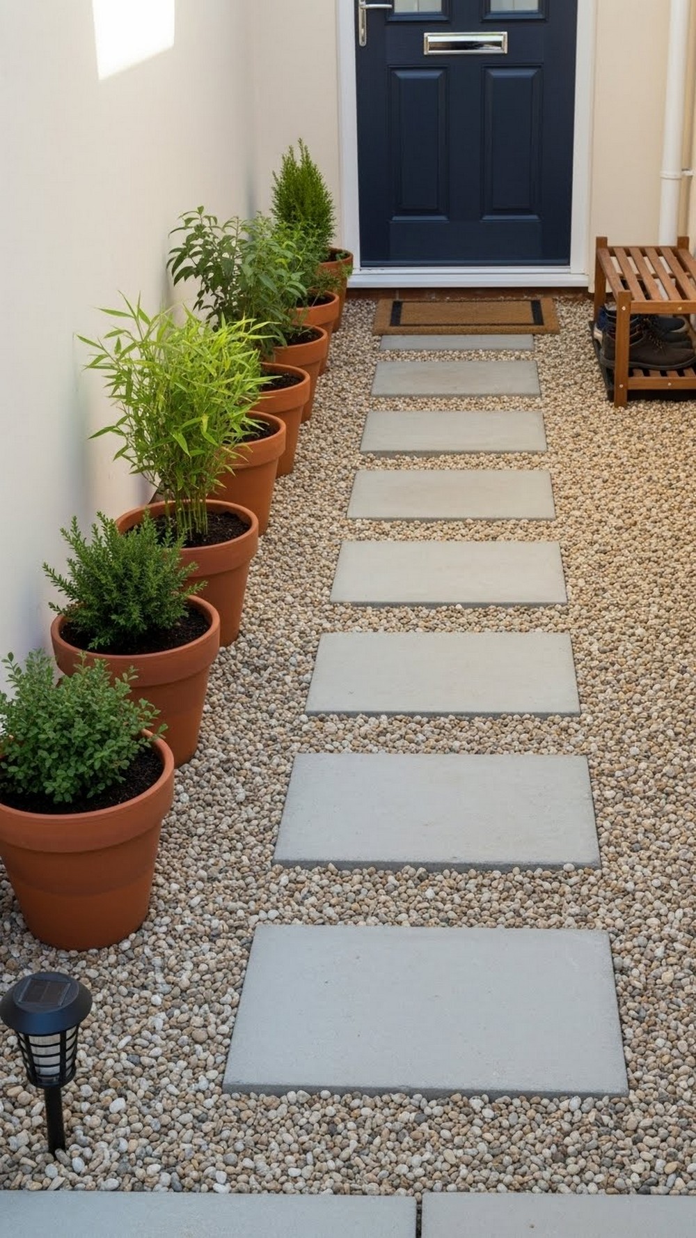 Narrow Zen Entry Pebble Path With Terracotta Pots