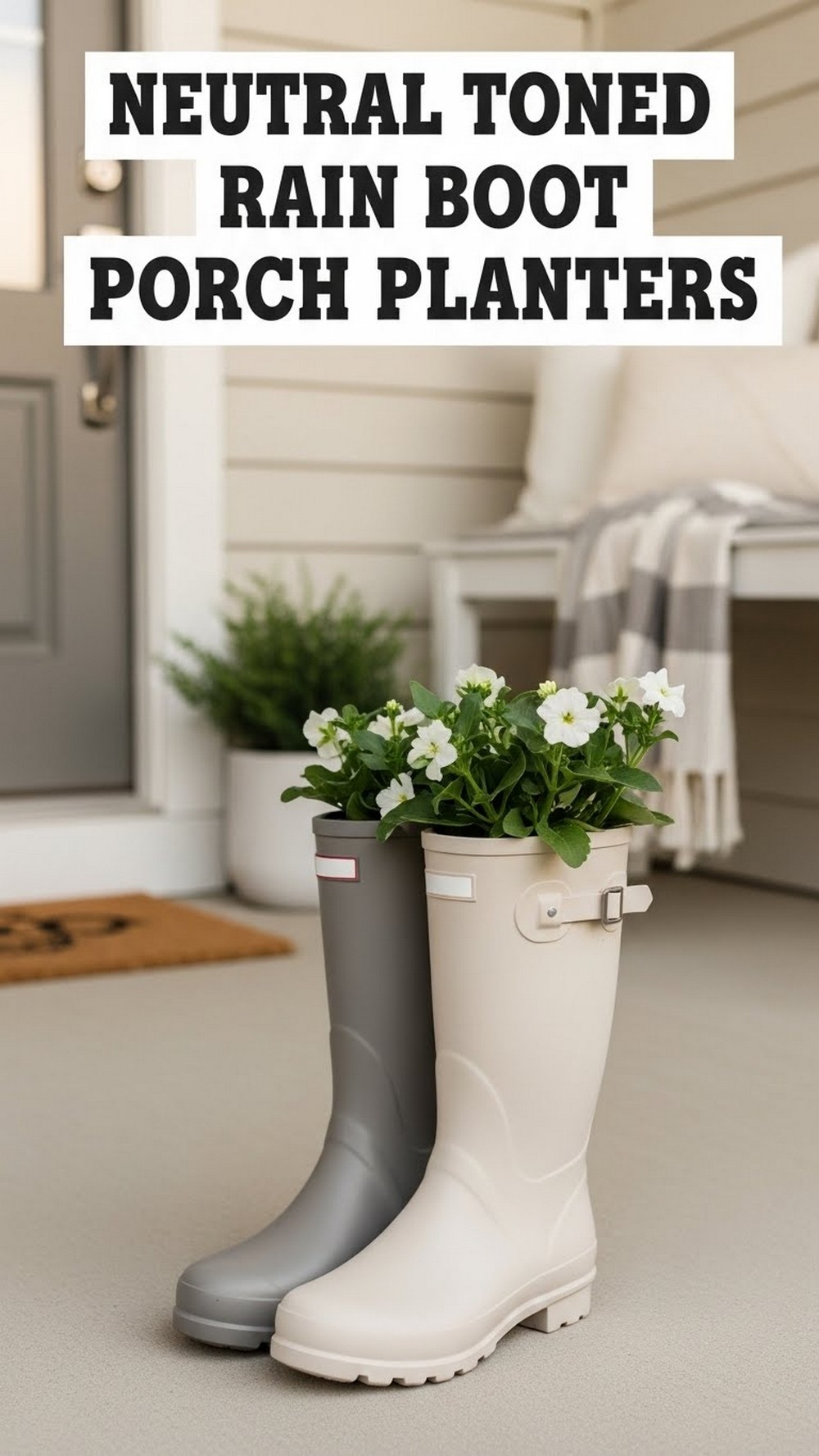 Neutral Toned Rain Boot Porch Planters