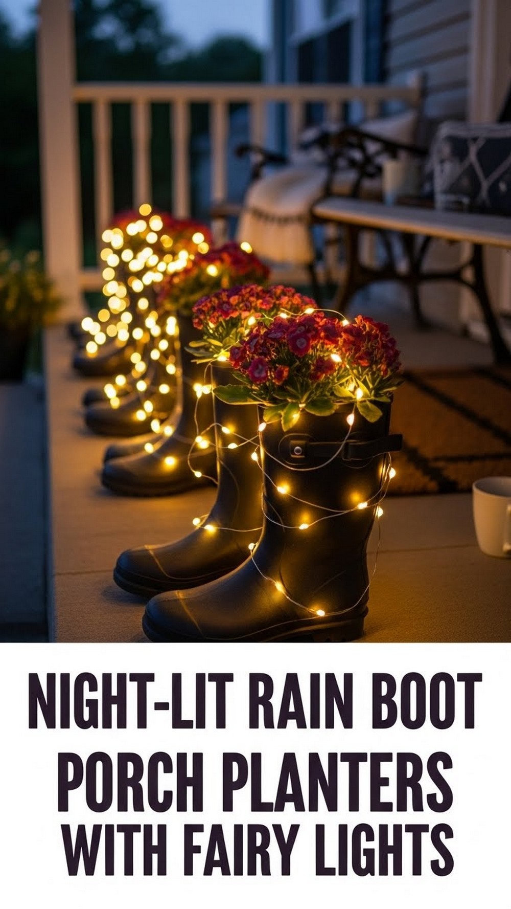 Night-Lit Rain Boot Porch Planters With Fairy Lights