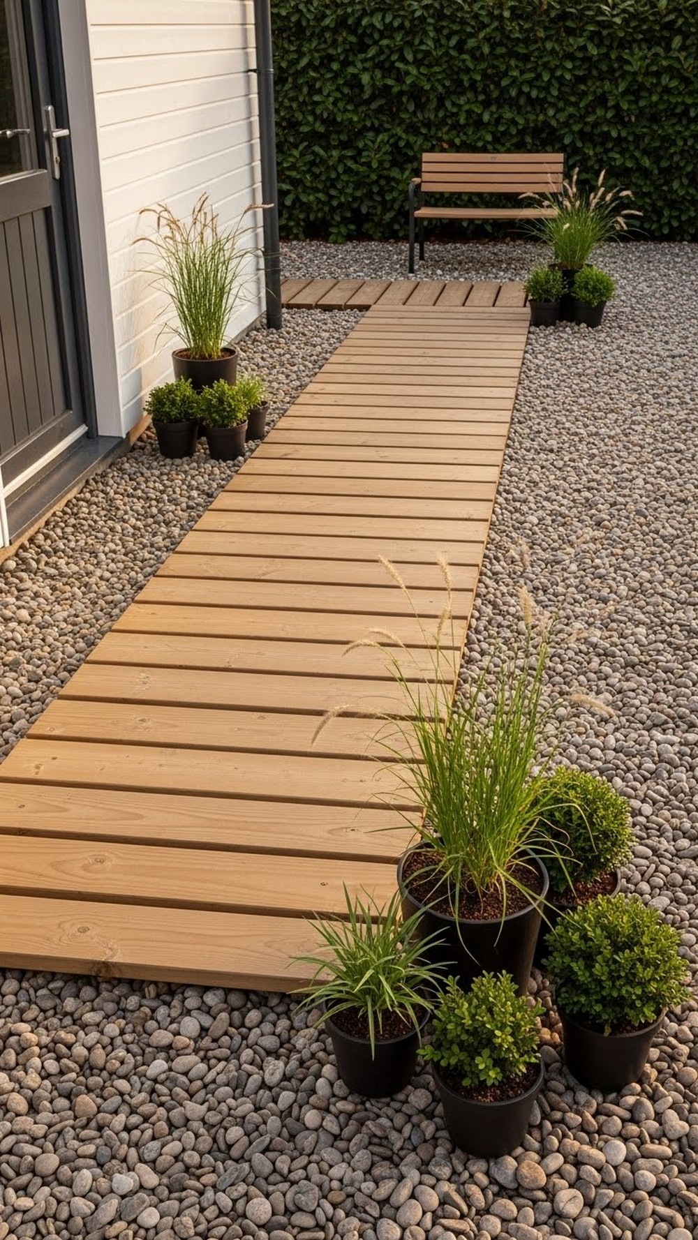 Pebble And Timber Boardwalk With Pot Clusters