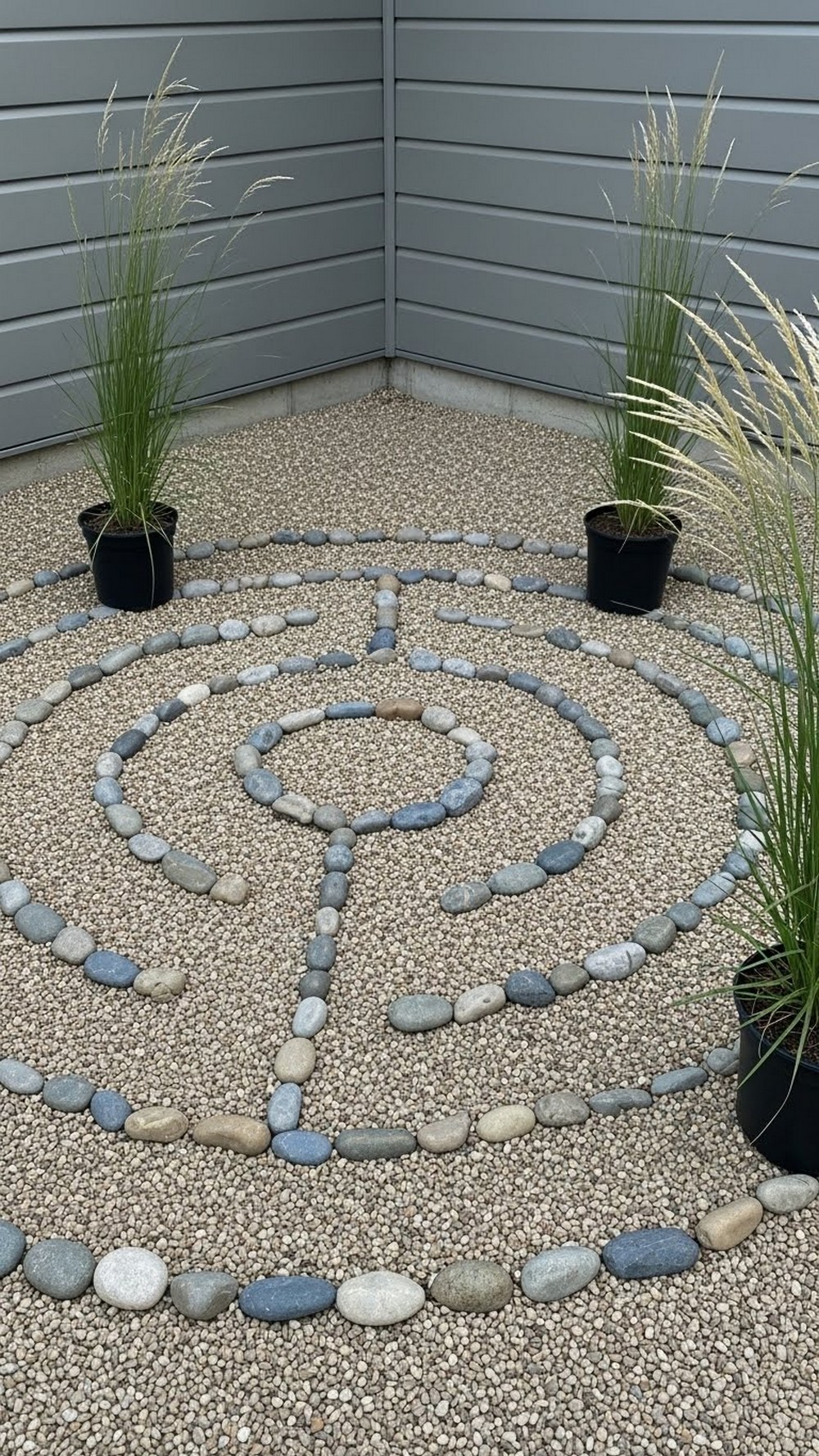 Pebble Labyrinth Corner With Potted Grasses