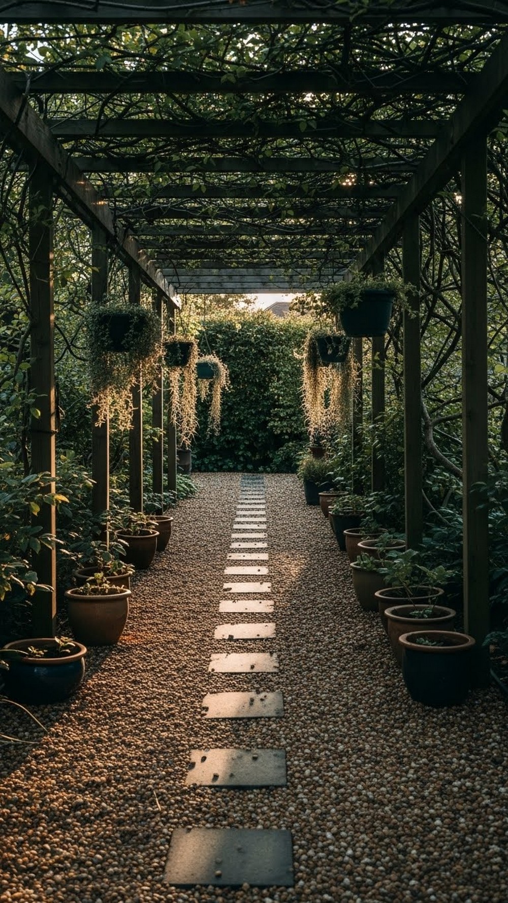 Pebble Path Under Pergola With Hanging Pots