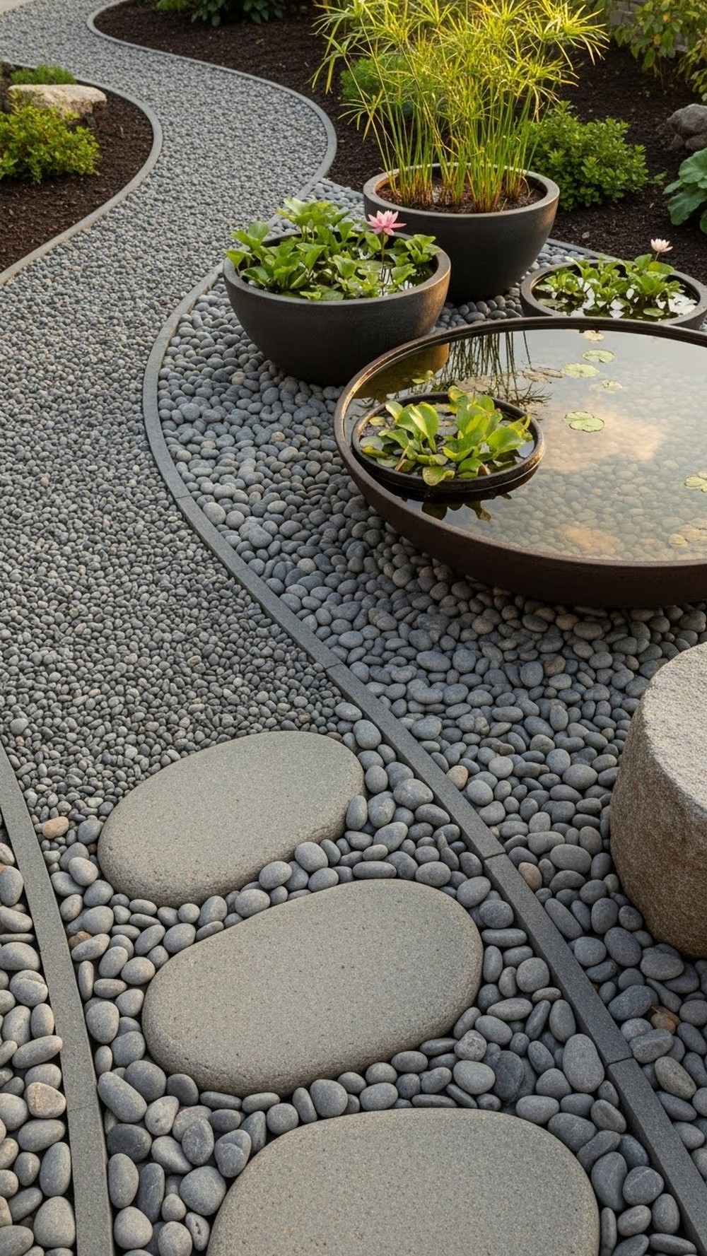 Pebble Path With Water Bowl And Lotus Pots