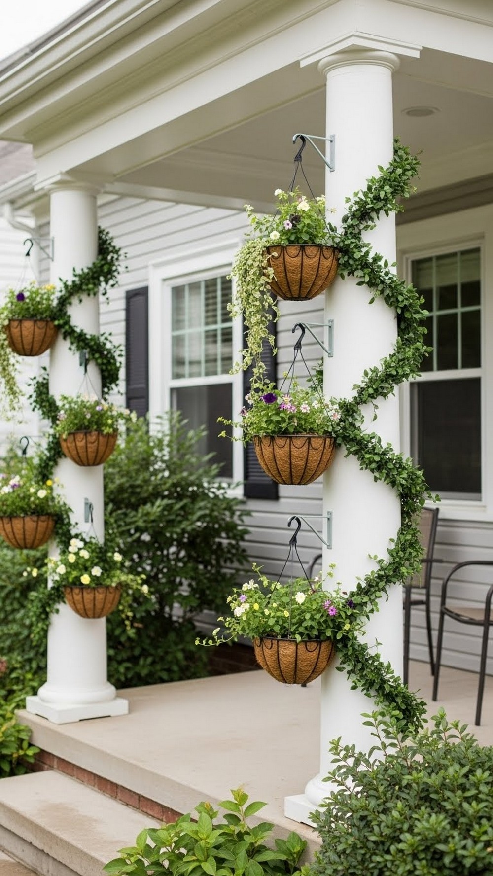 Porch Column Wrap With Hanging Baskets