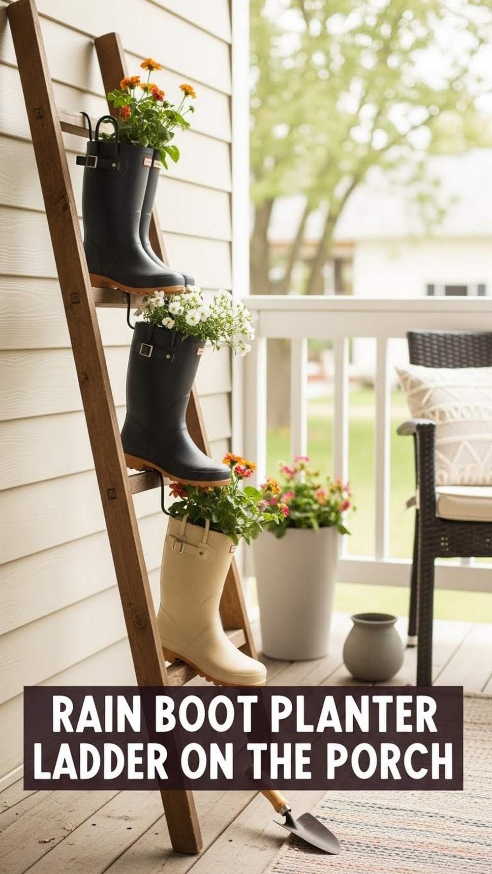 Rain Boot Planter Ladder On The Porch