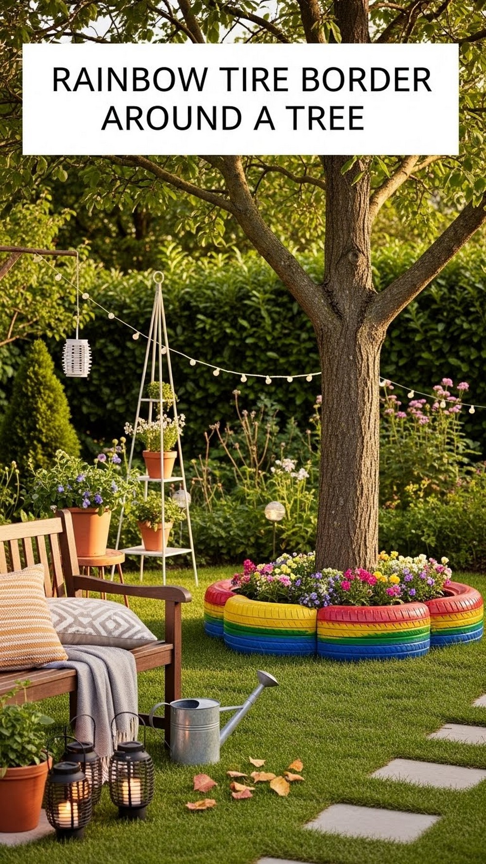 Rainbow Tire Border Around A Tree