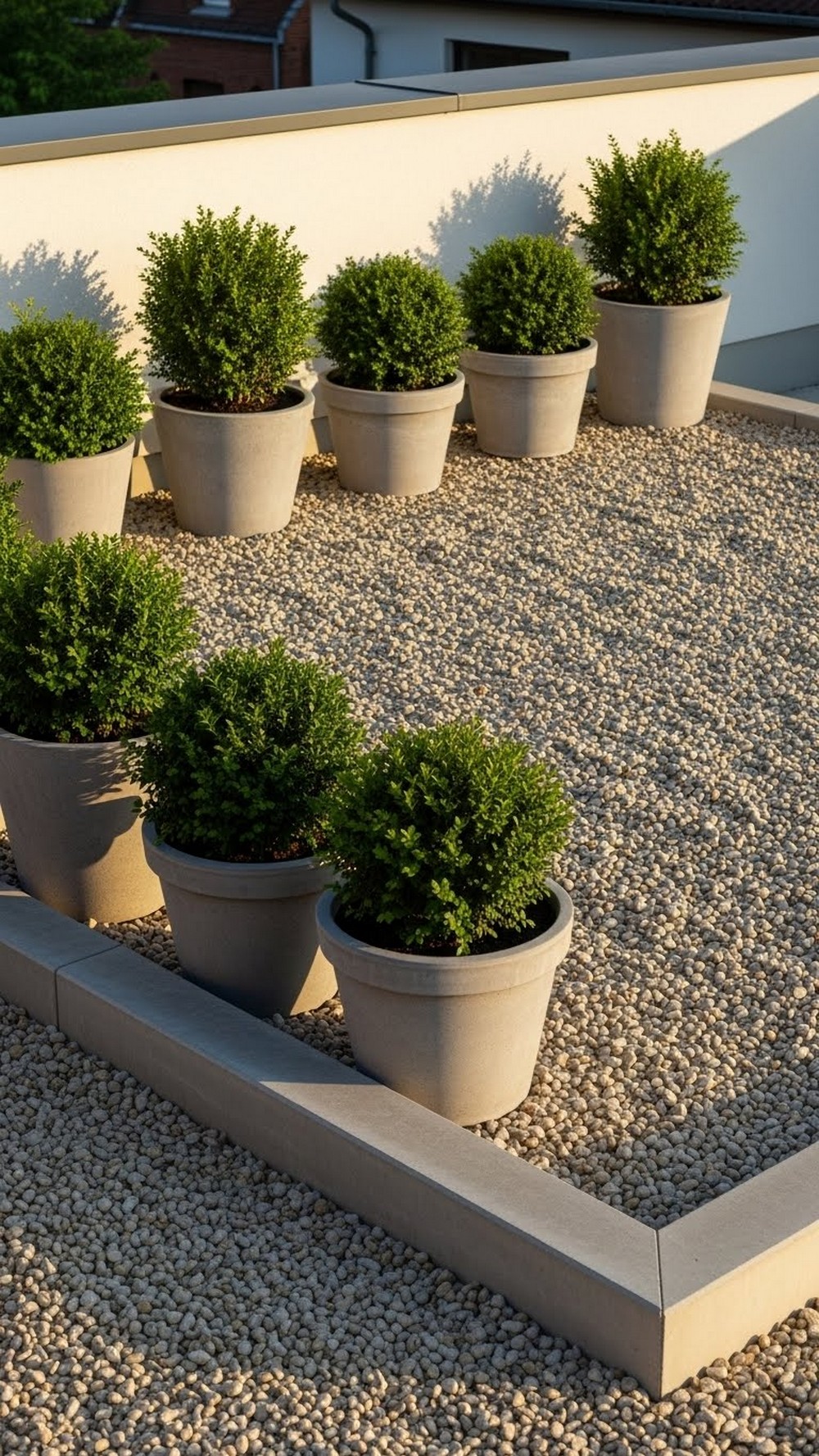 Raised Gravel Terrace With Potted Evergreens
