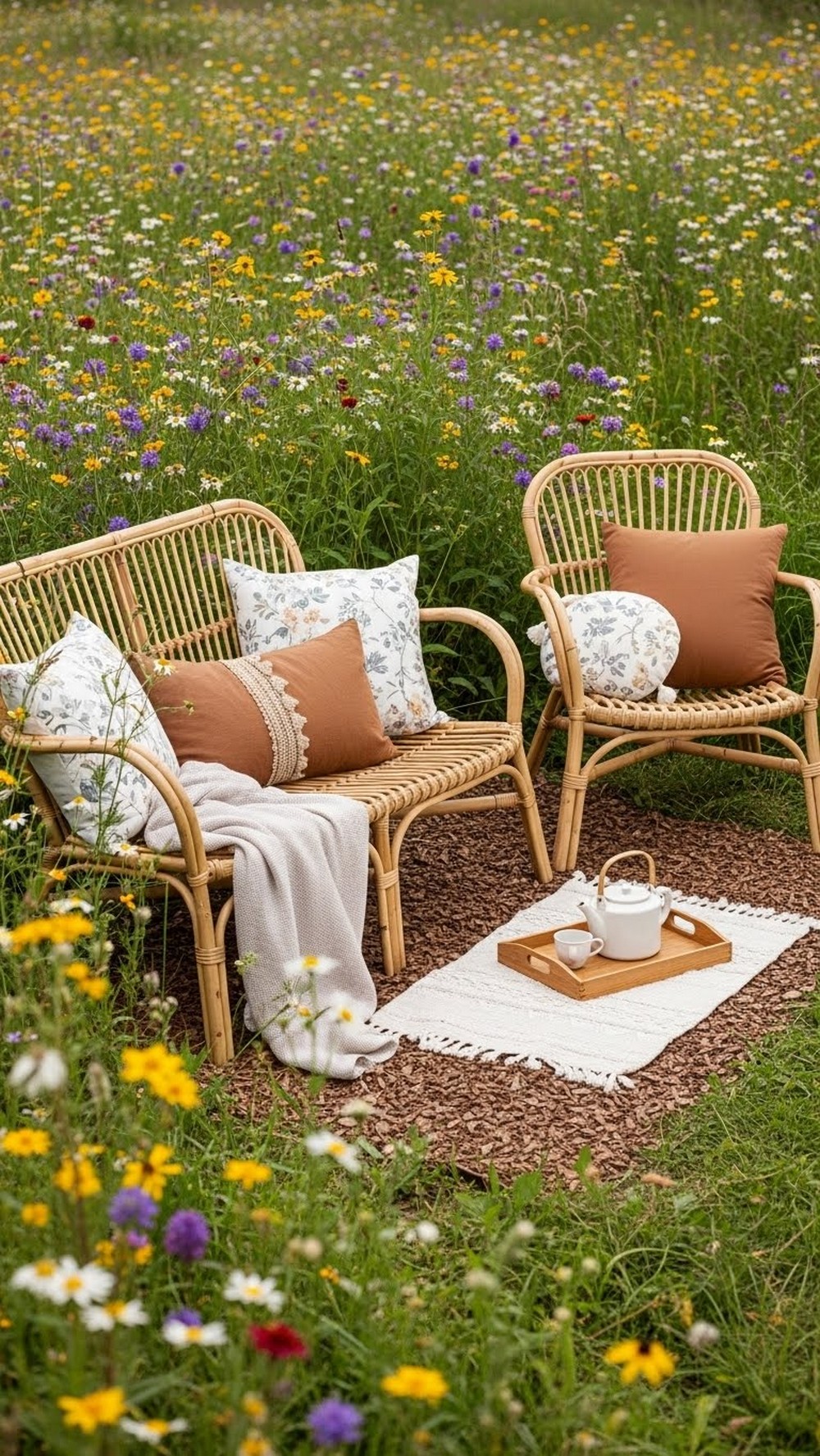 Rattan Seating Nook In A Wildflower Corner