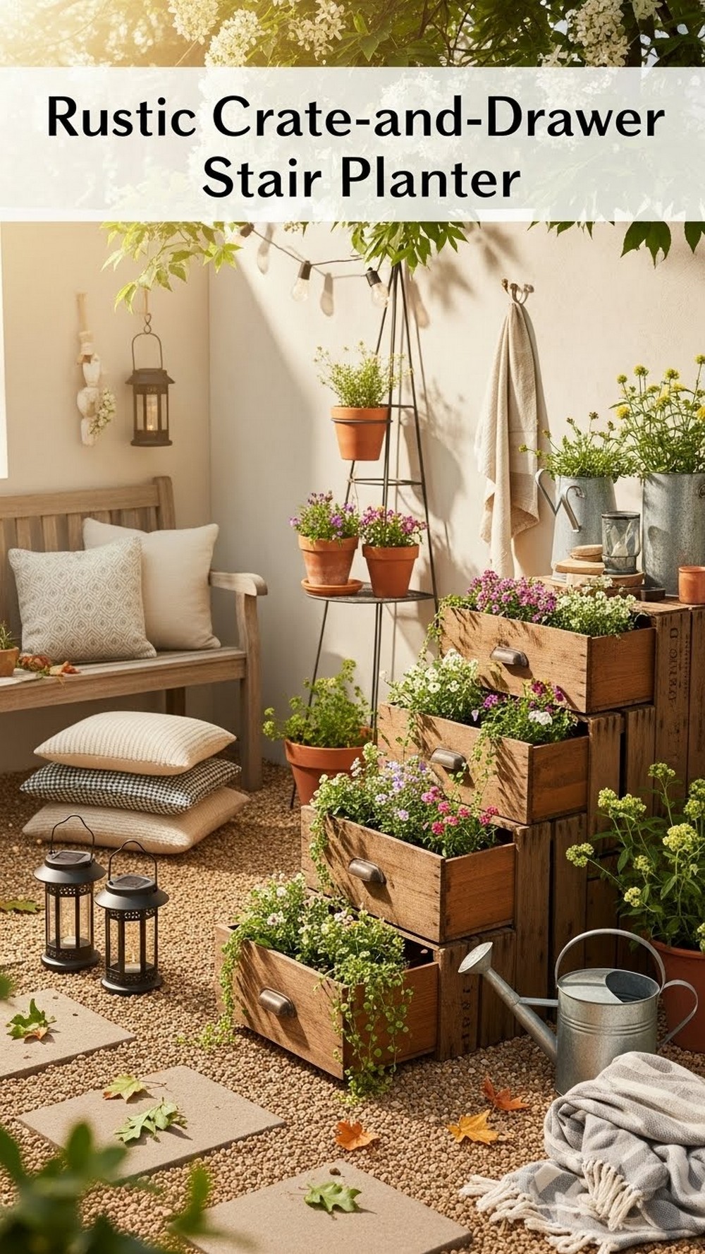 Rustic Crate-and-Drawer Stair Planter