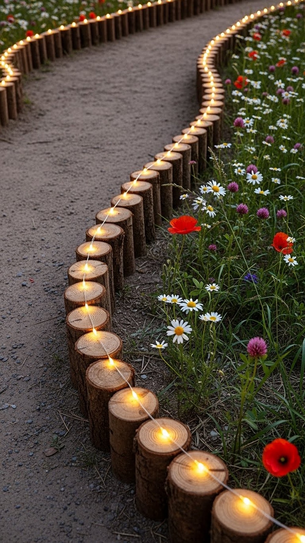 Rustic Log-Edged Fairy Light Path With Wildflowers
