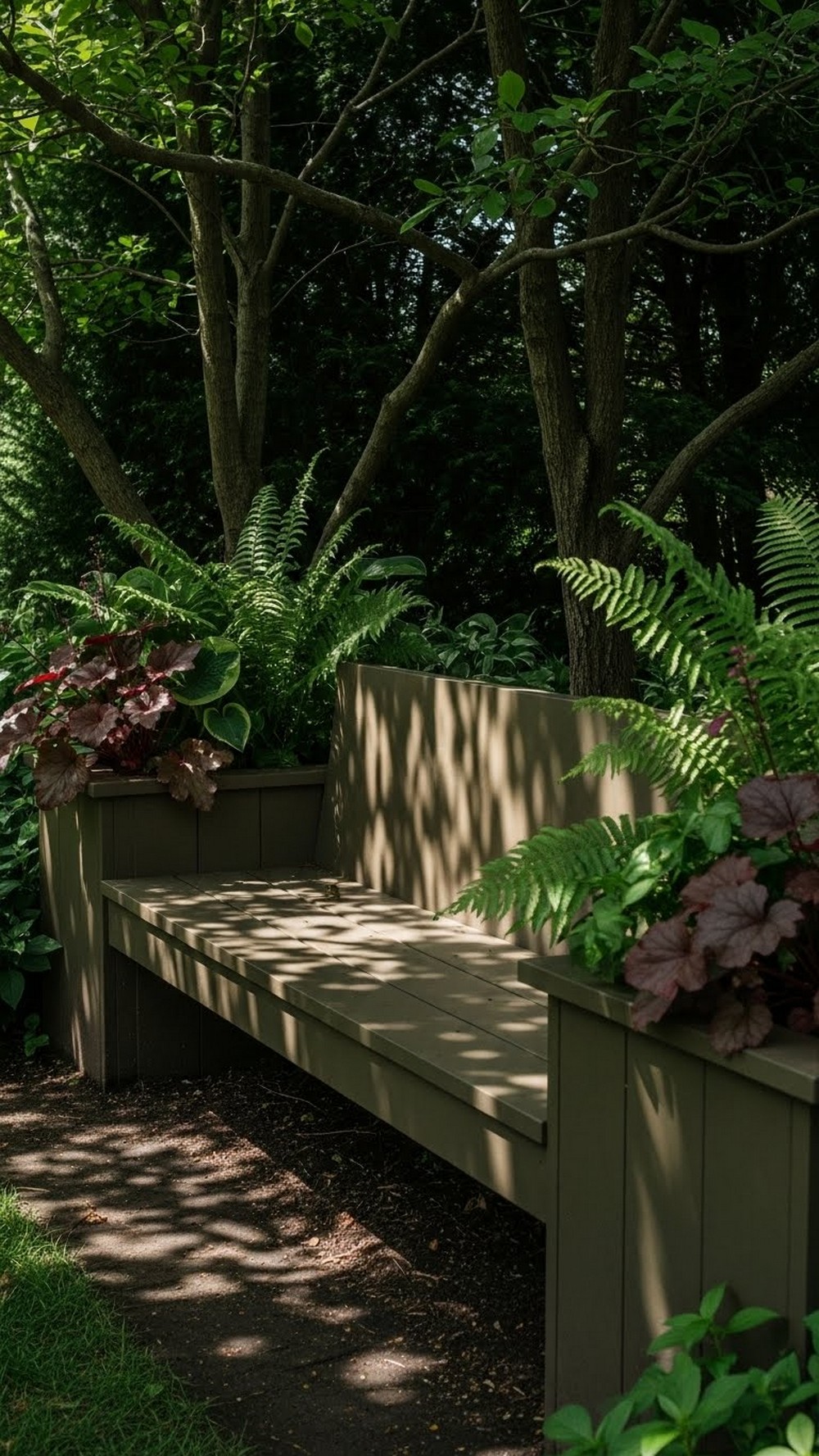 Shade Garden Bench With Fern Planters