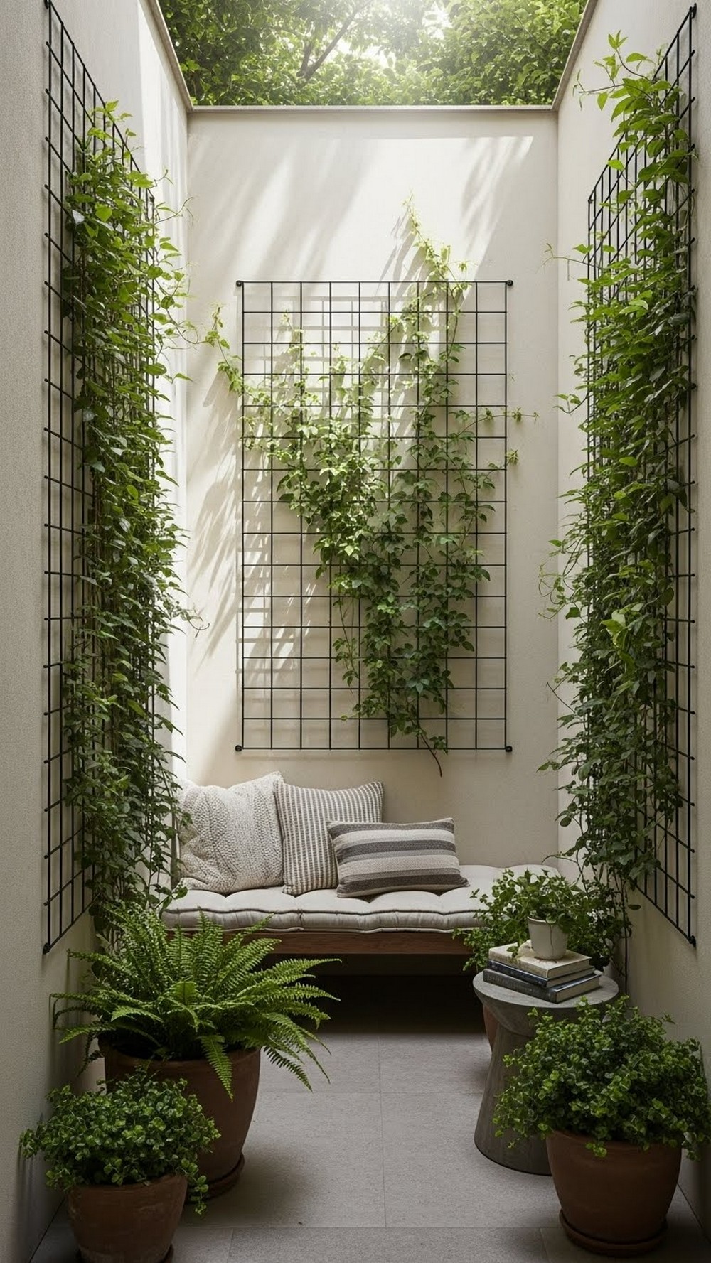 Shady Courtyard Reading Niche With Vined Walls