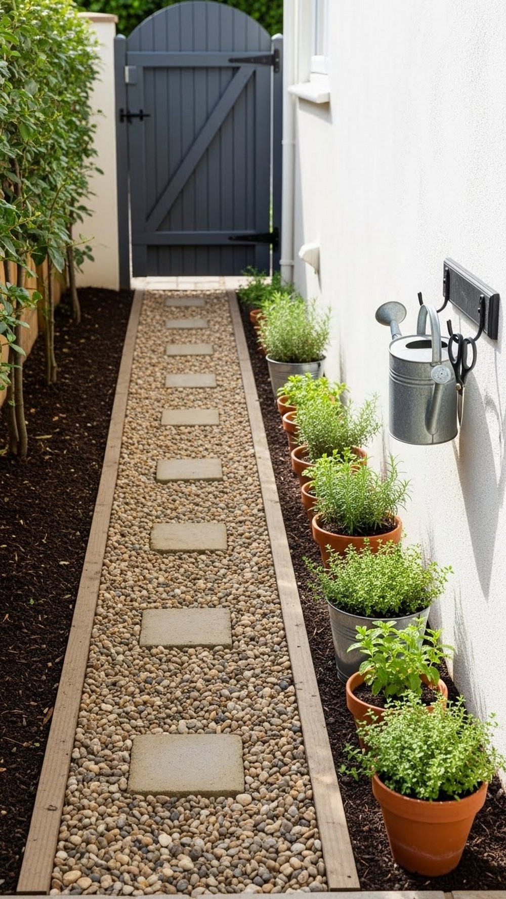 Side Yard Pebble Ribbon With Herb Pots