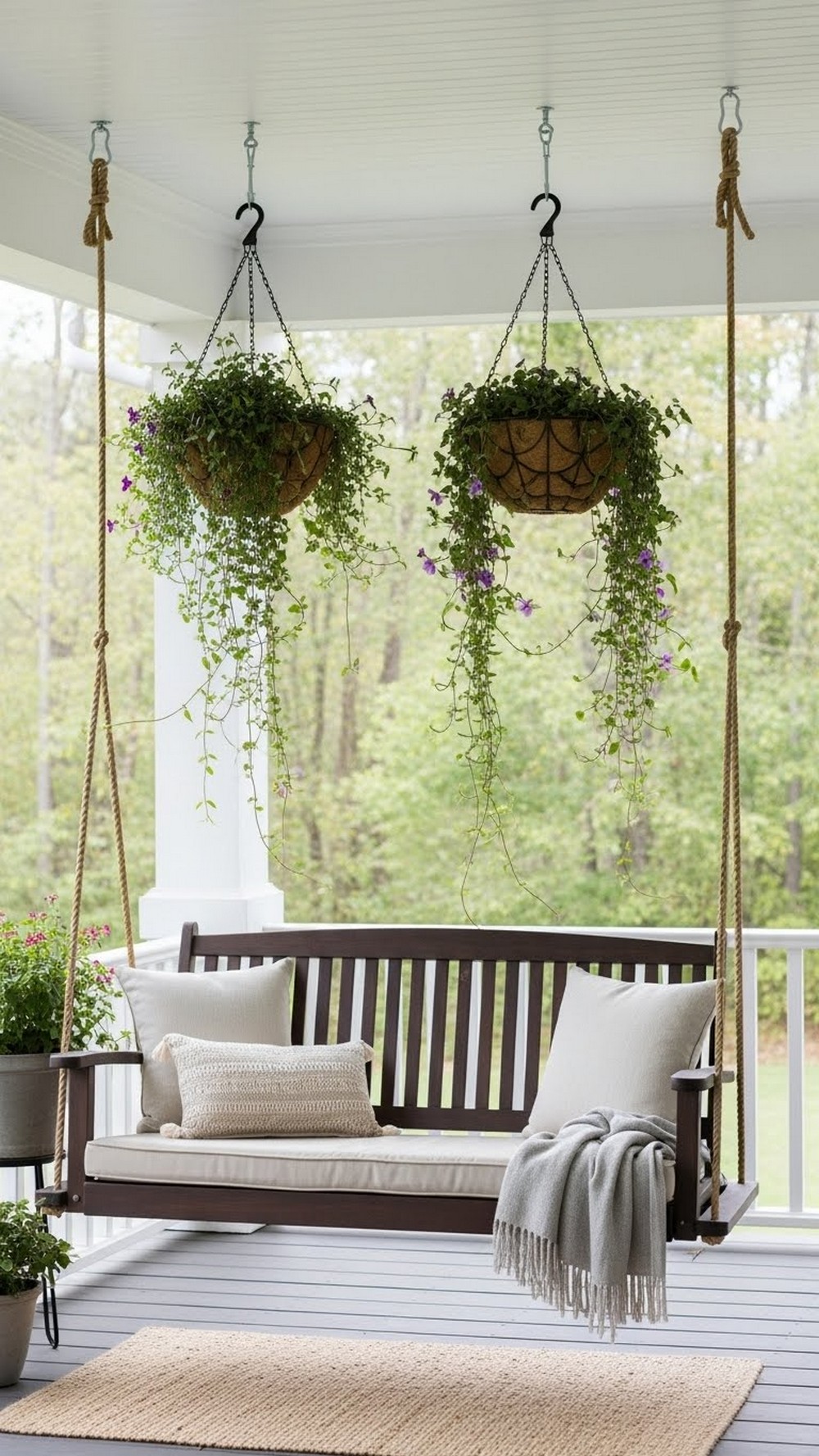 Small Porch Swing With Overhead Baskets