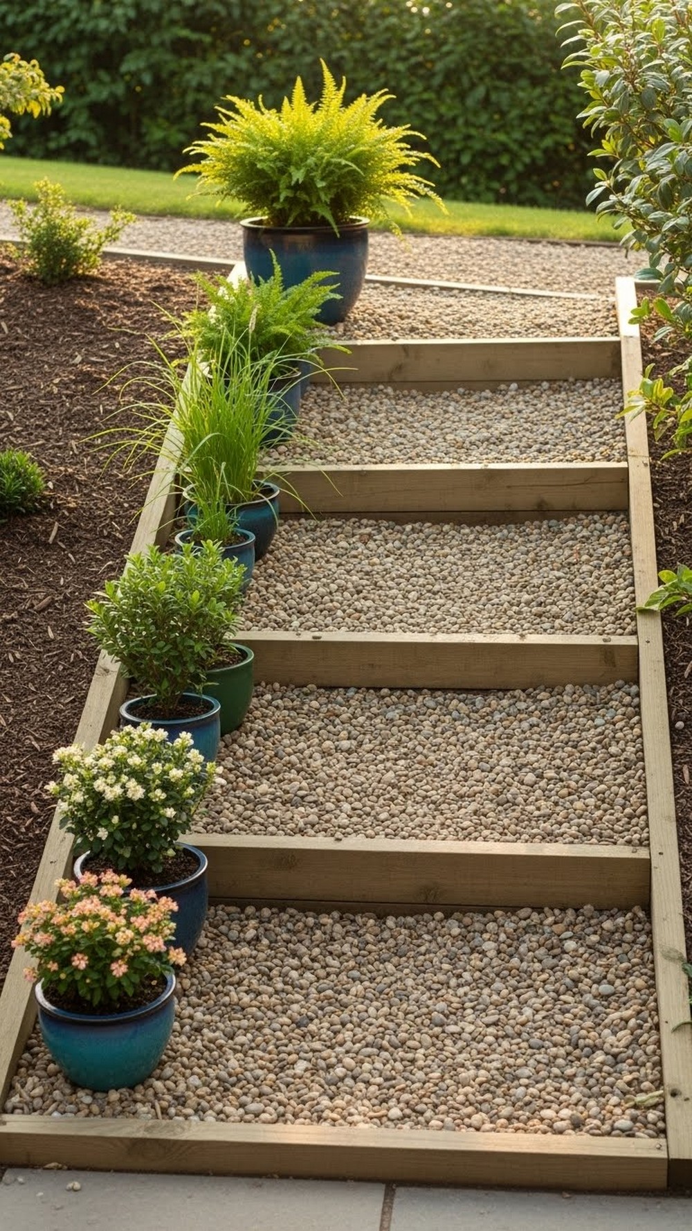 Split-Level Pebble Steps With Cascading Pots
