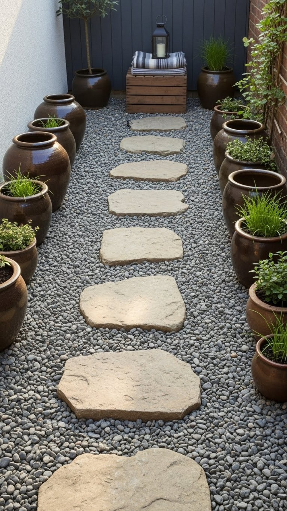 Stepping Stone Pebble Path With Mismatched Clay Pots