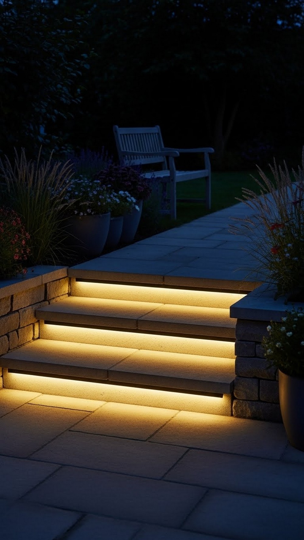 String Lights Along Garden Paths And Patio Steps