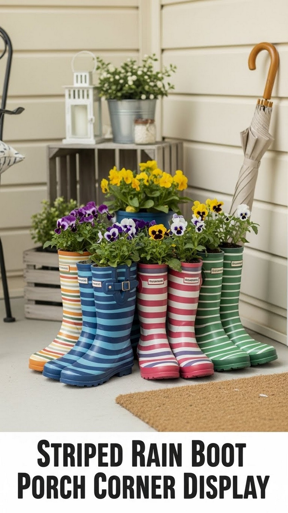 Striped Rain Boot Porch Corner Display