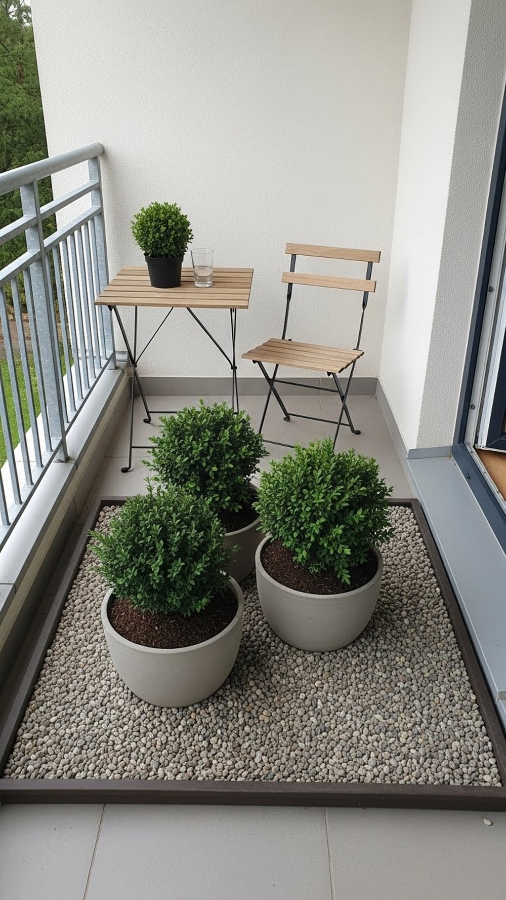 Tiny Balcony Gravel Tray With Dwarf Shrubs
