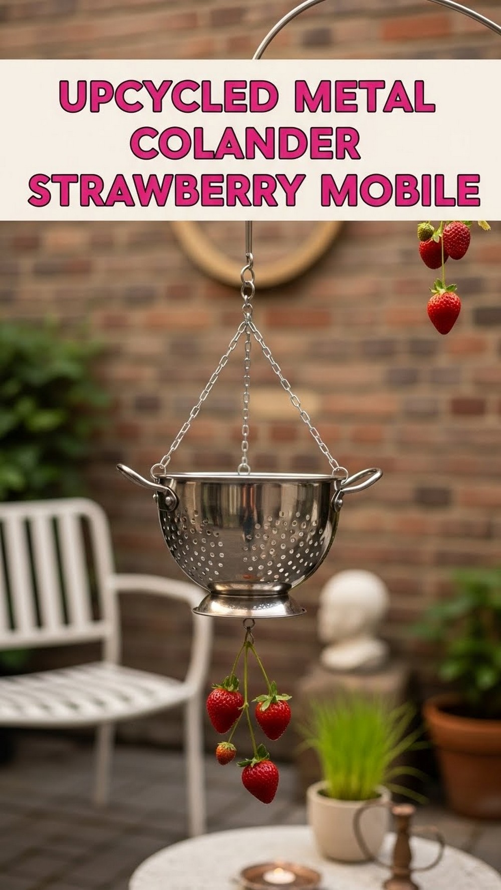Upcycled Metal Colander Strawberry Mobile