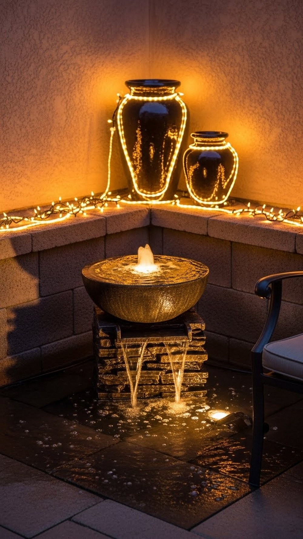 Use String Lights To Highlight A Water Feature