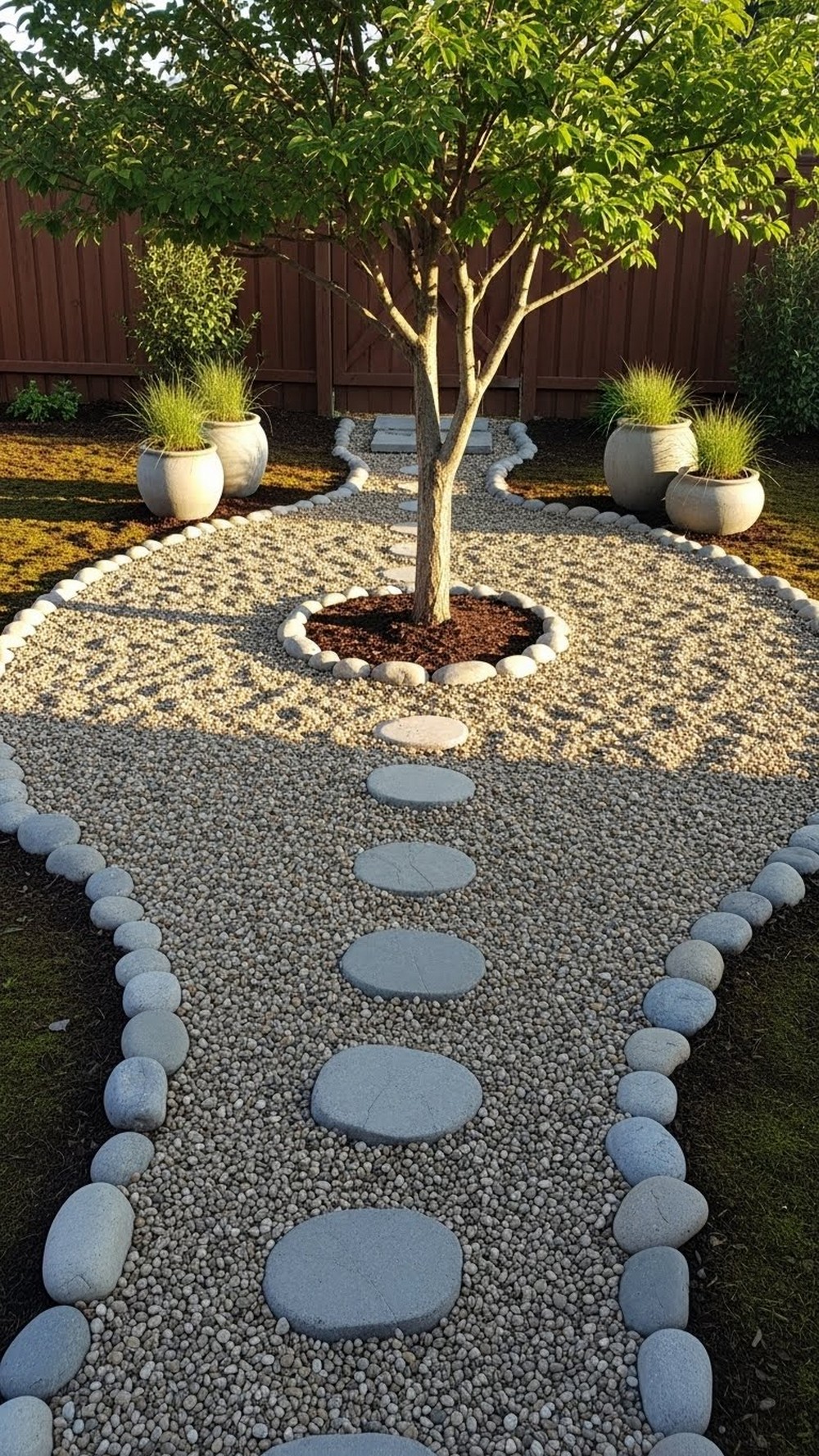 Zen Pebble Path Around A Single Feature Tree