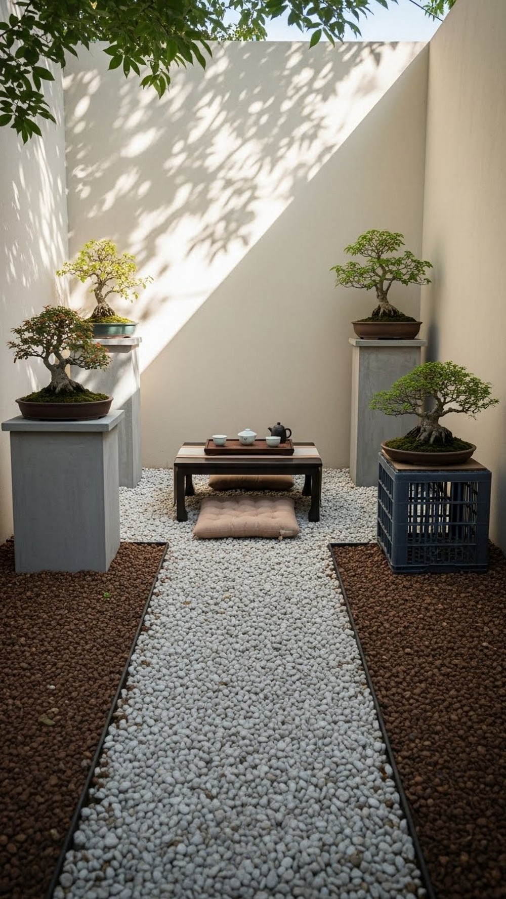Zen Tea Corner Pebble Path With Bonsai Pots