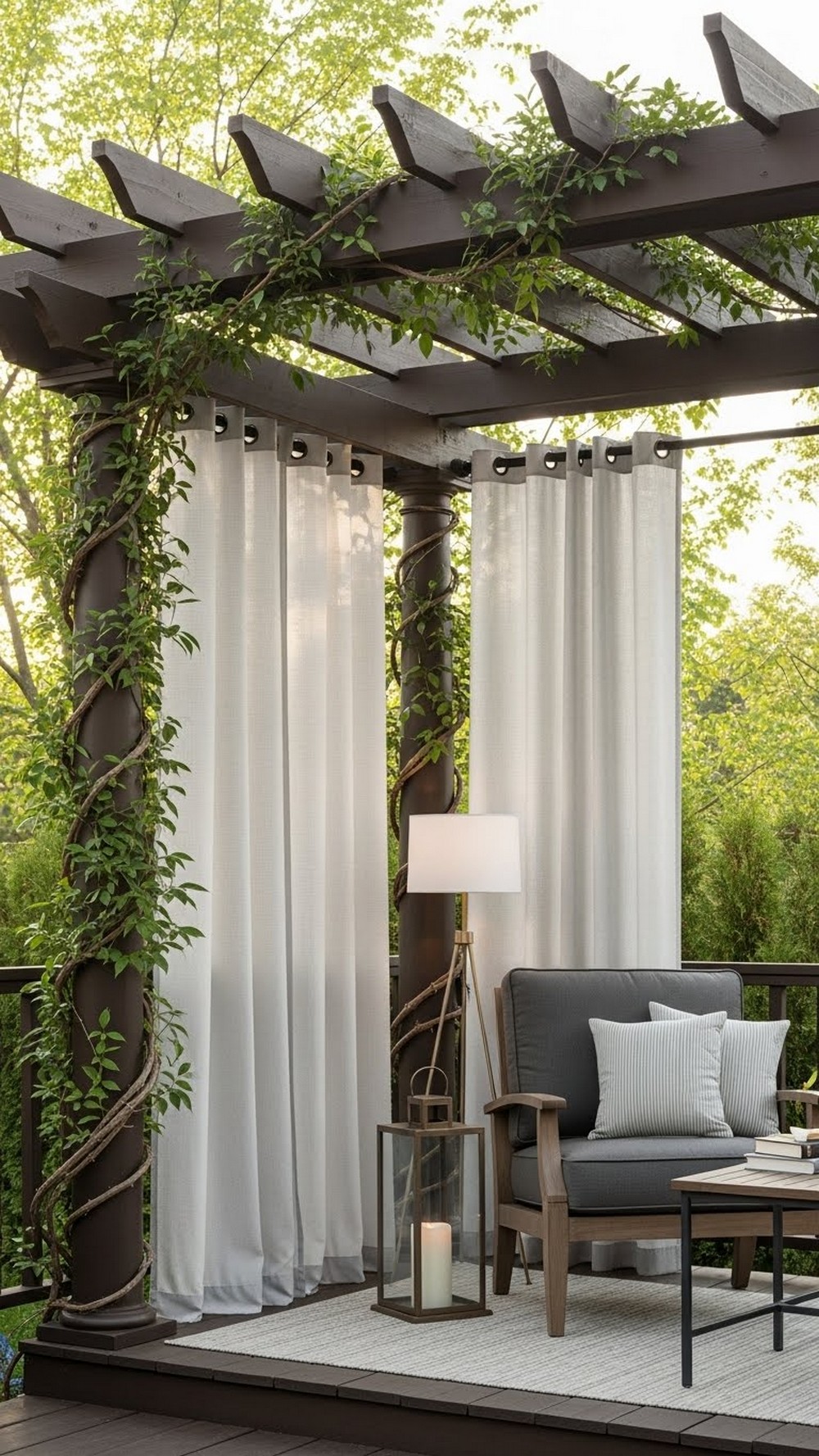 ergola Corner With Sheer Curtains And Vines